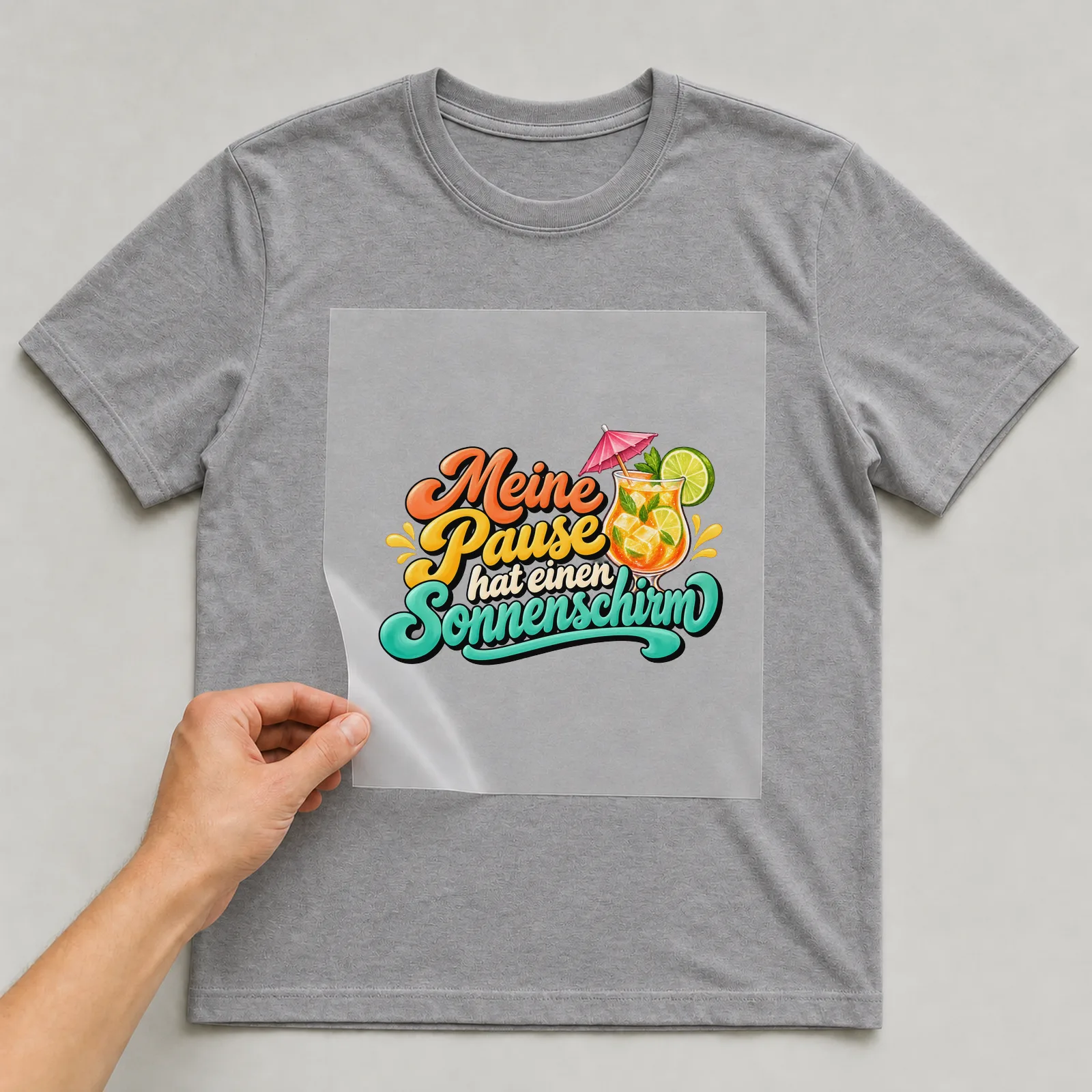 Bügelbild „Meine Pause hat einen Sonnenschirm“ auf grauem T-Shirt, Folie wird aufgelegt