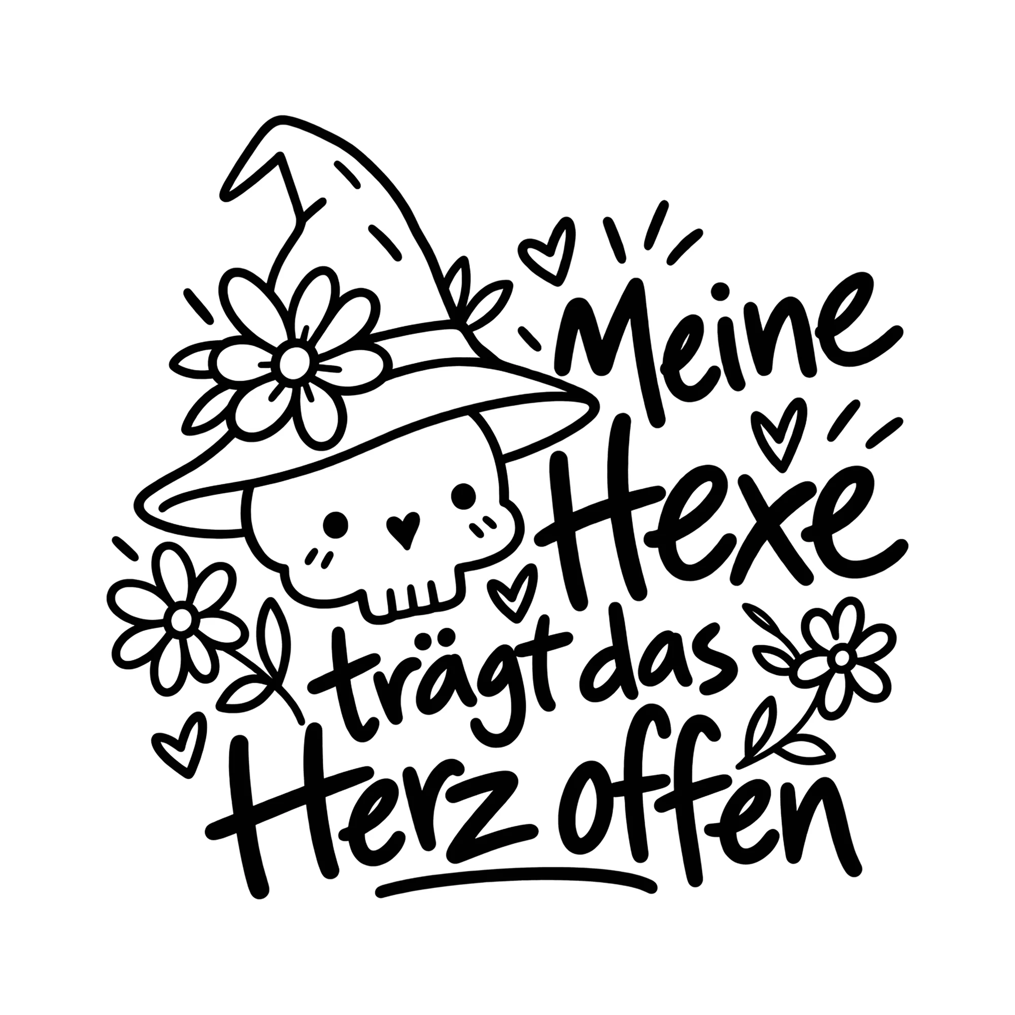 Bügelbild Meine Hexe trägt das Herz offen als Grafik auf weißem Hintergrund (BB012640)