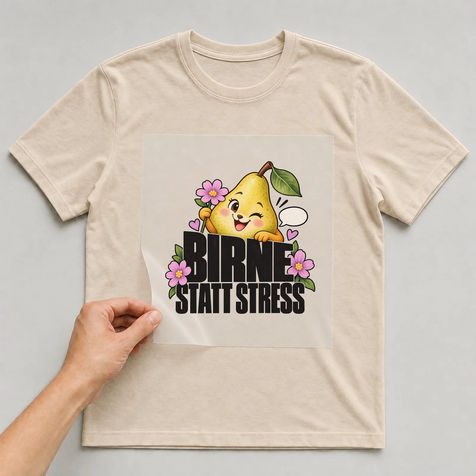 Bügelbild „Birne statt Stress“ auf beigem T-Shirt, Folie wird aufgelegt