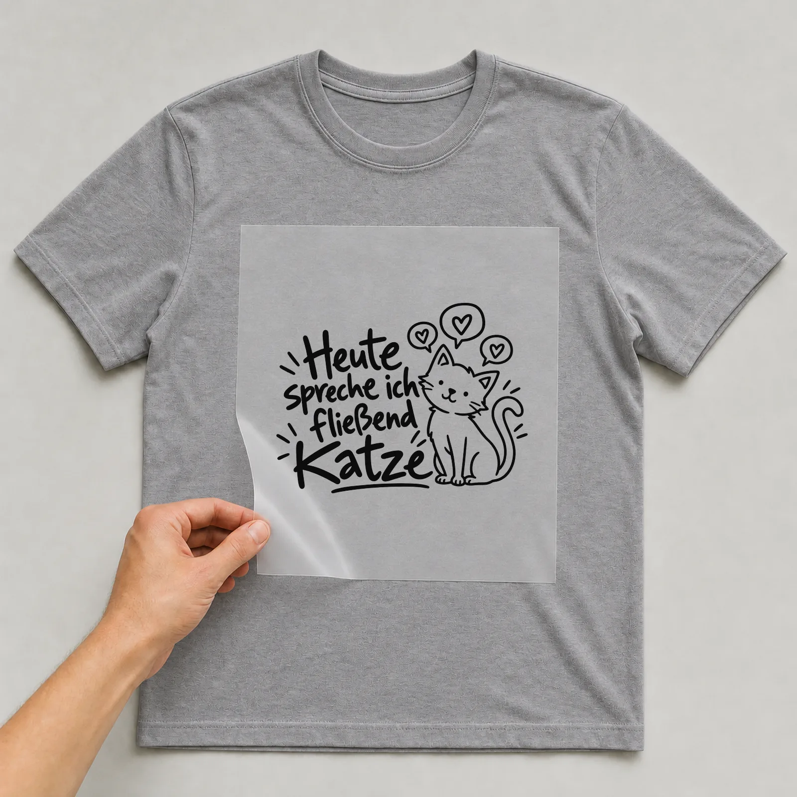 Bügelbild „Heute spreche ich fließend Katze“ auf grauem T-Shirt, Folie wird aufgelegt