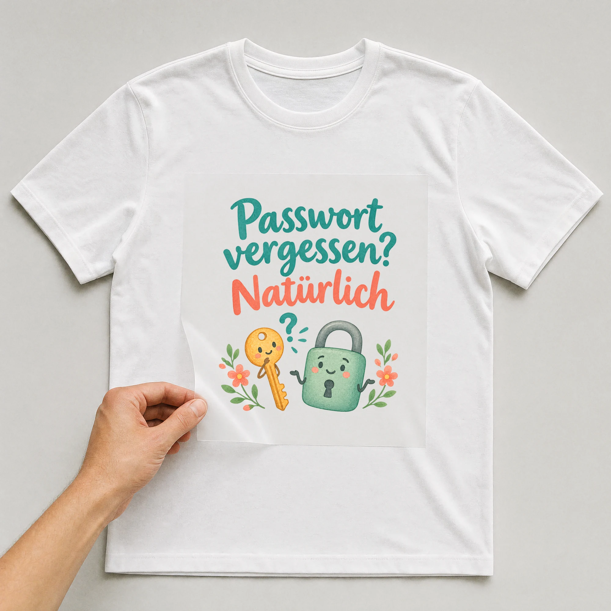 Bügelbild „Passwort vergessen? Natürlich“ auf weißem T-Shirt, Folie wird aufgelegt