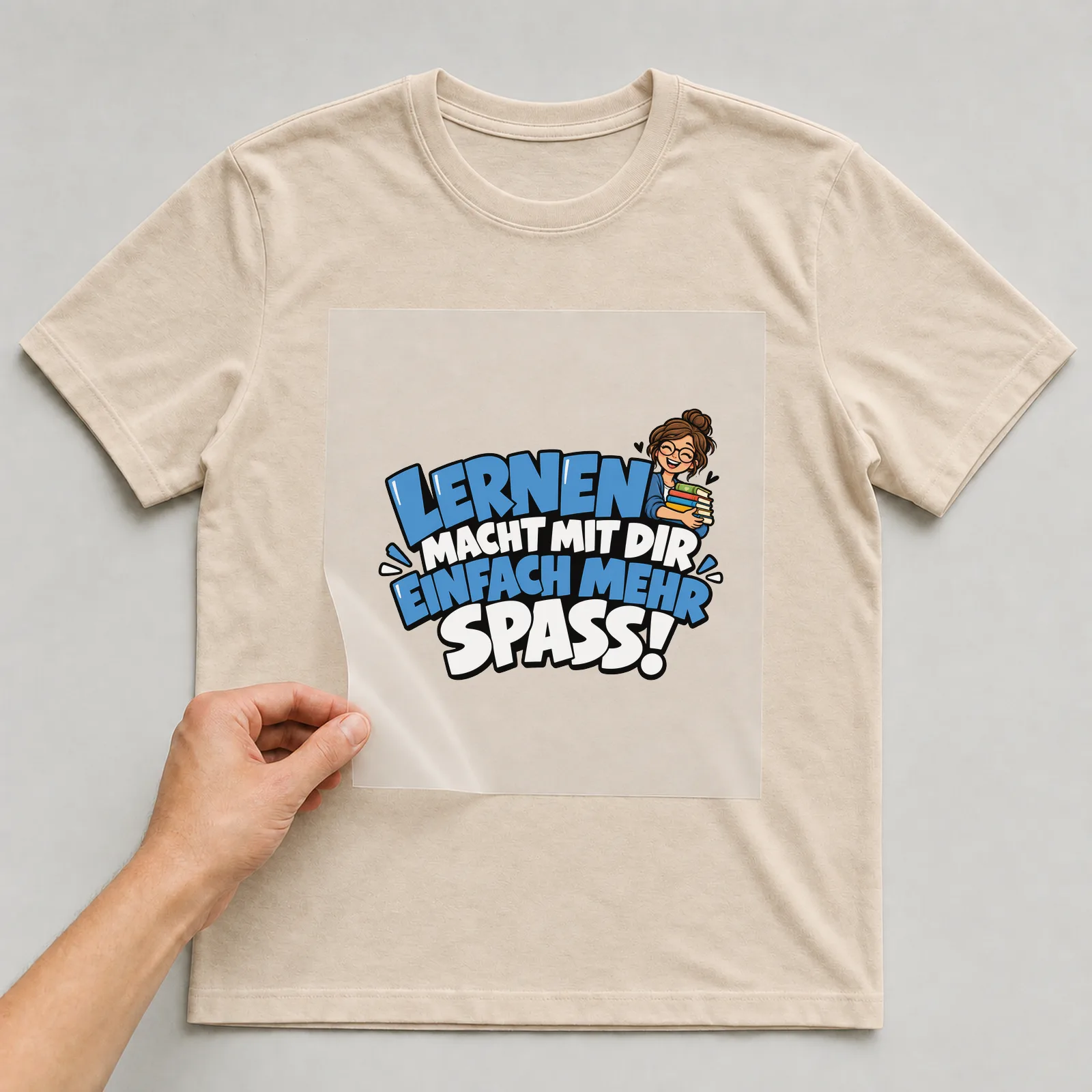 Bügelbild „Lernen macht mit dir einfach mehr Spass!“ auf beigem T-Shirt, Folie wird aufgelegt