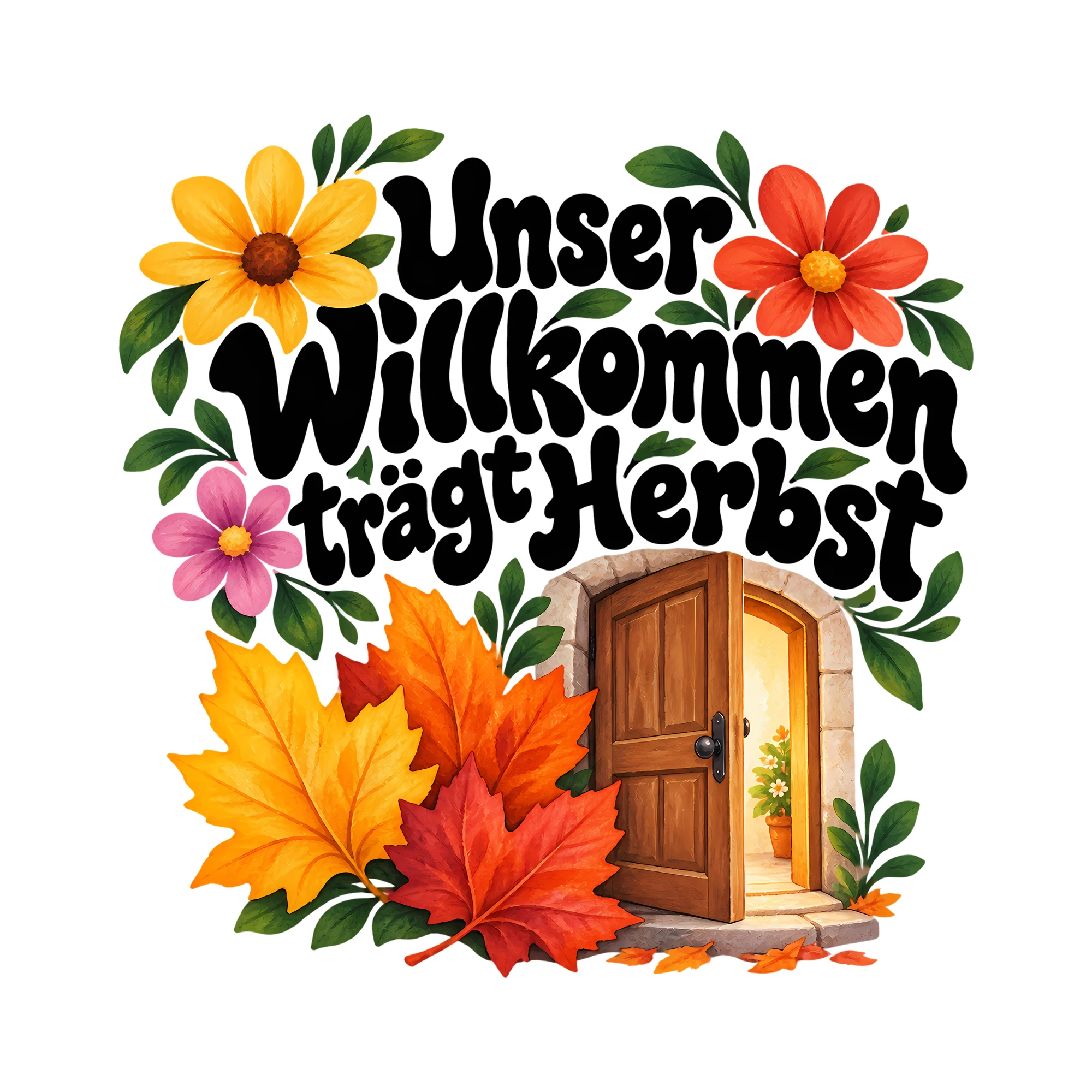 Bügelbild Unser Willkommen trägt Herbst als Grafik auf weißem Hintergrund (BB014422)
