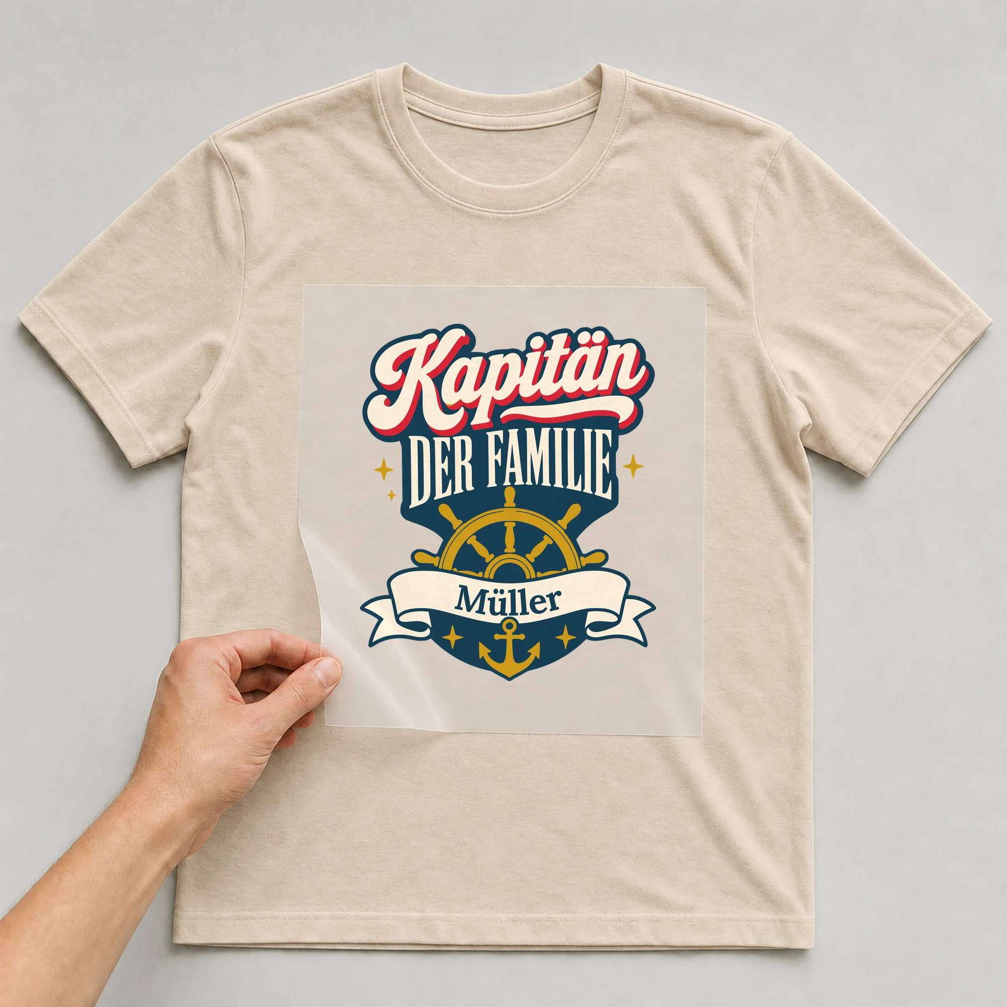 Bügelbild Kapitän der Familie mit Nachname auf beigem T-Shirt, Folie wird aufgelegt