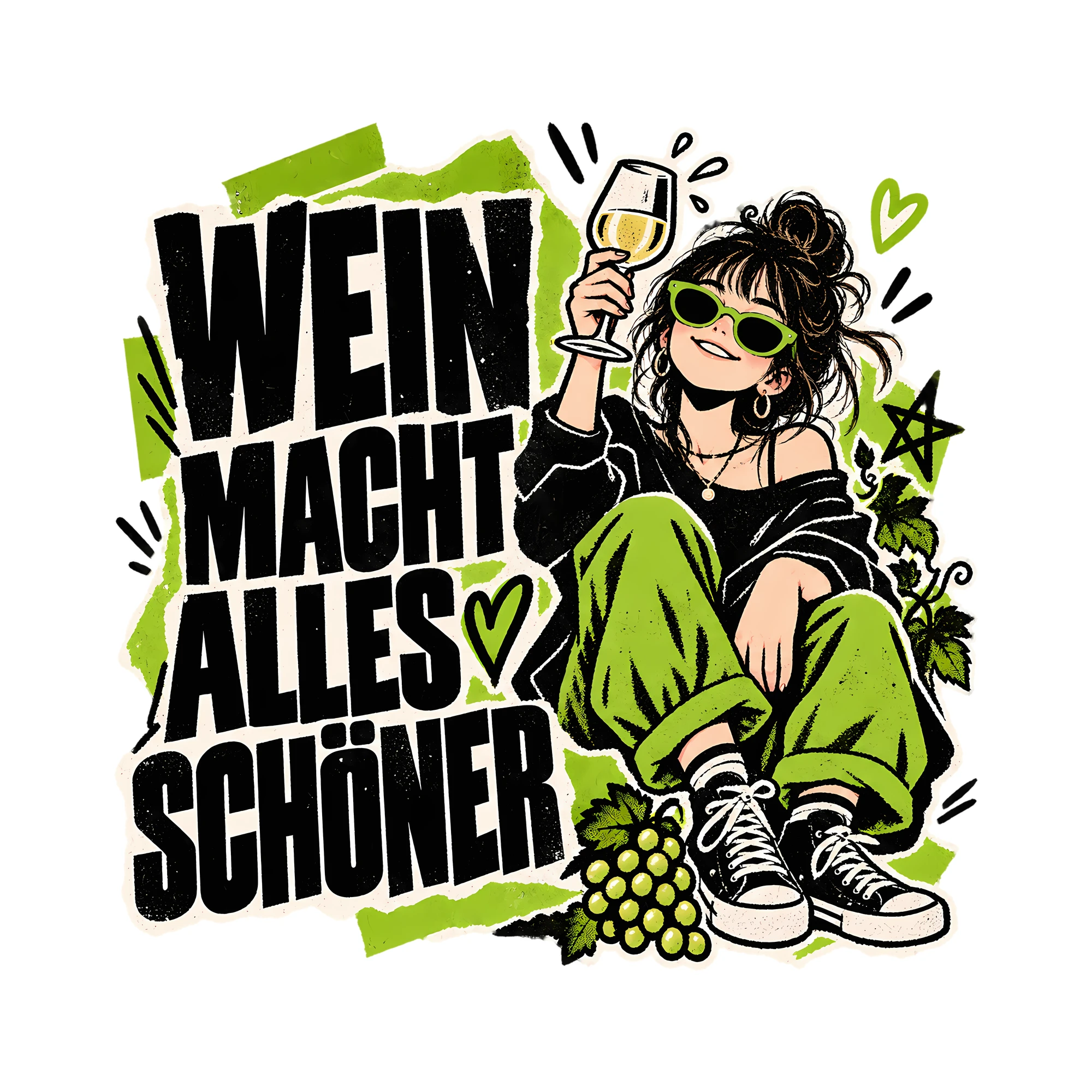 Bügelbild Wein macht alles schöner als Grafik auf weißem Hintergrund (BB011870)