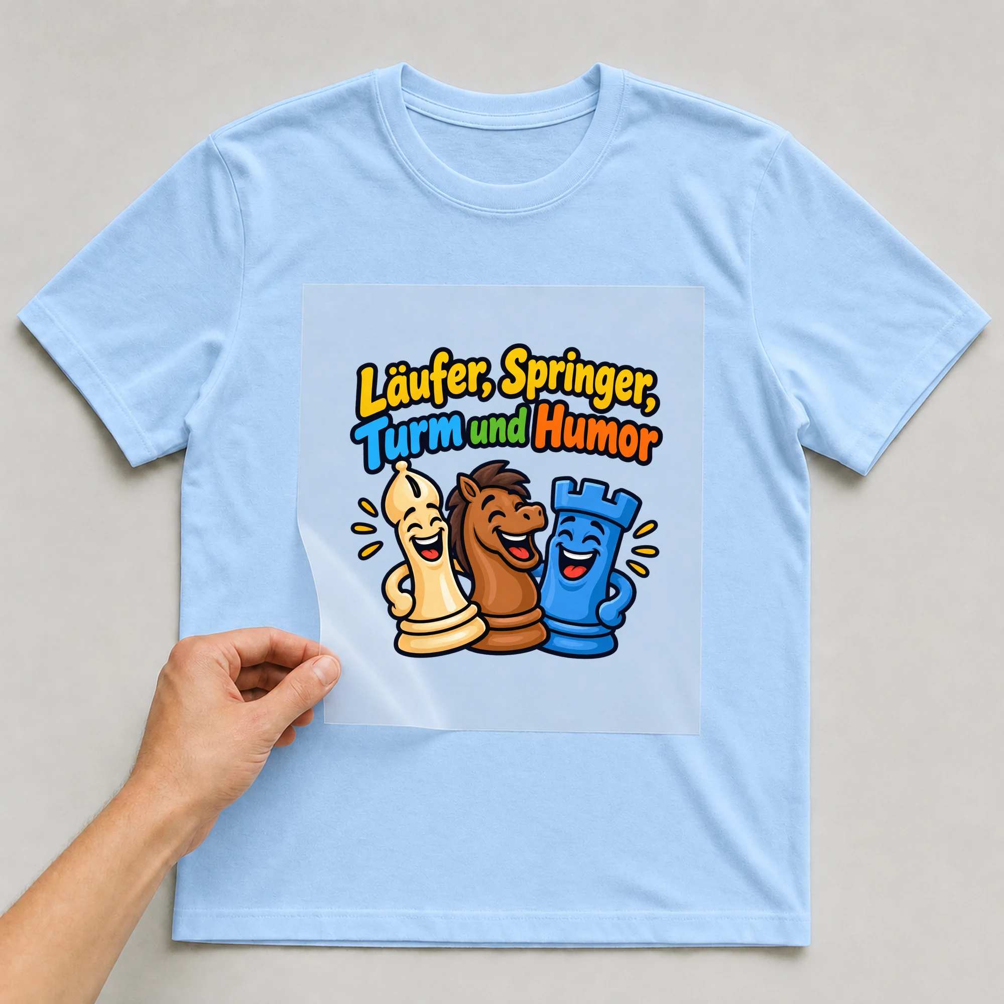 Bügelbild „Läufer, Springer, Turm und Humor“ auf babyblauem T-Shirt, Folie wird aufgelegt