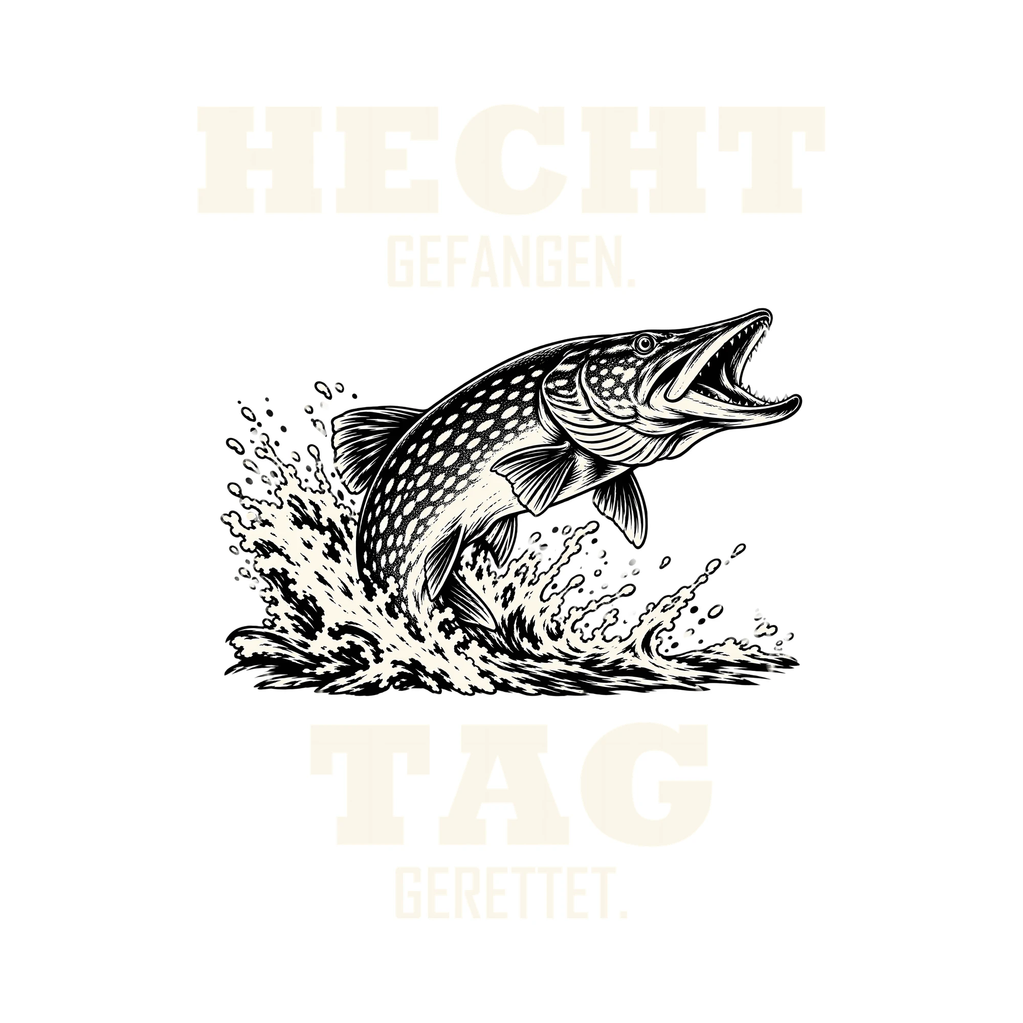 Bügelbild HECHT GEFANGEN. TAG GERETTET. als Grafik auf weißem Hintergrund (BB012691)