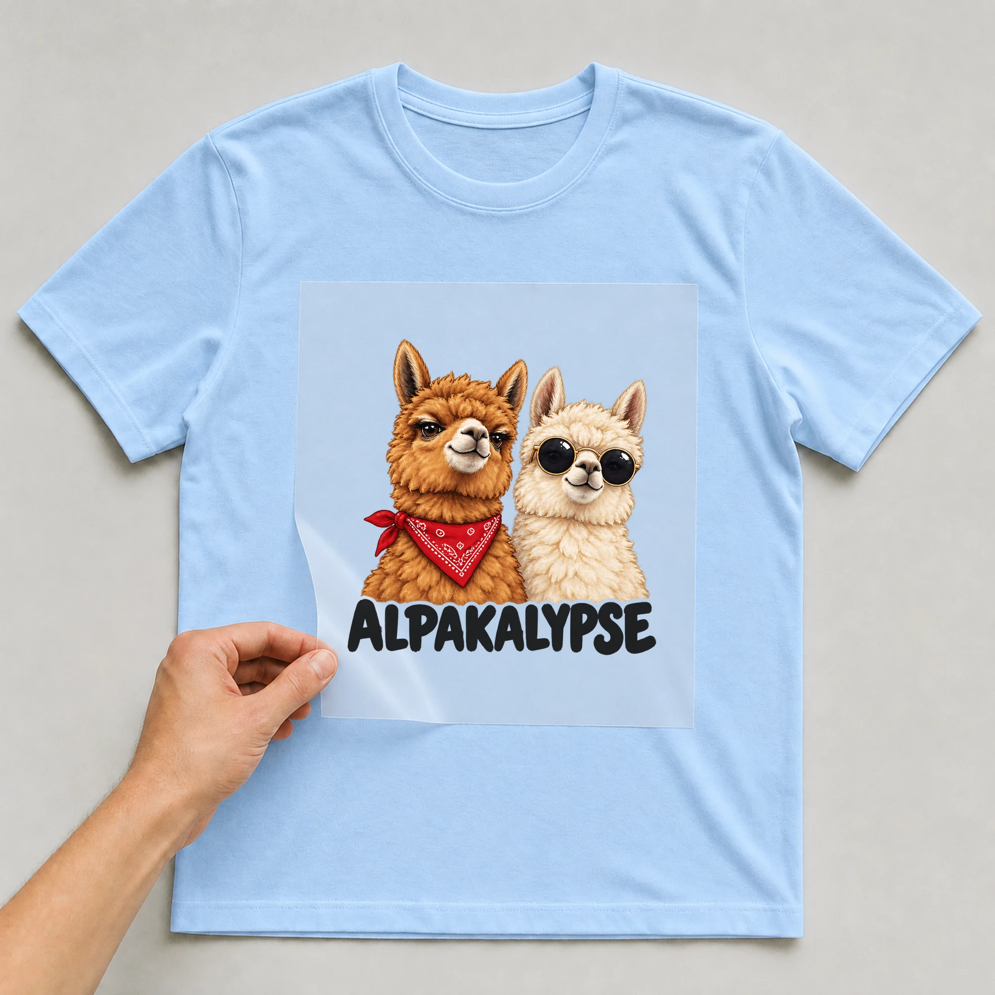 Bügelbild „Alpakalypse“ auf babyblauem T-Shirt, Folie wird aufgelegt