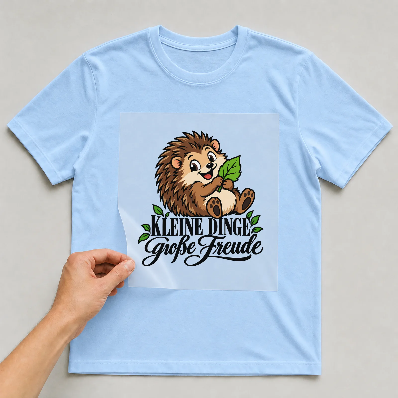 Bügelbild „Kleine Dinge Große Freude“ auf hellblauem T-Shirt, Folie wird aufgelegt