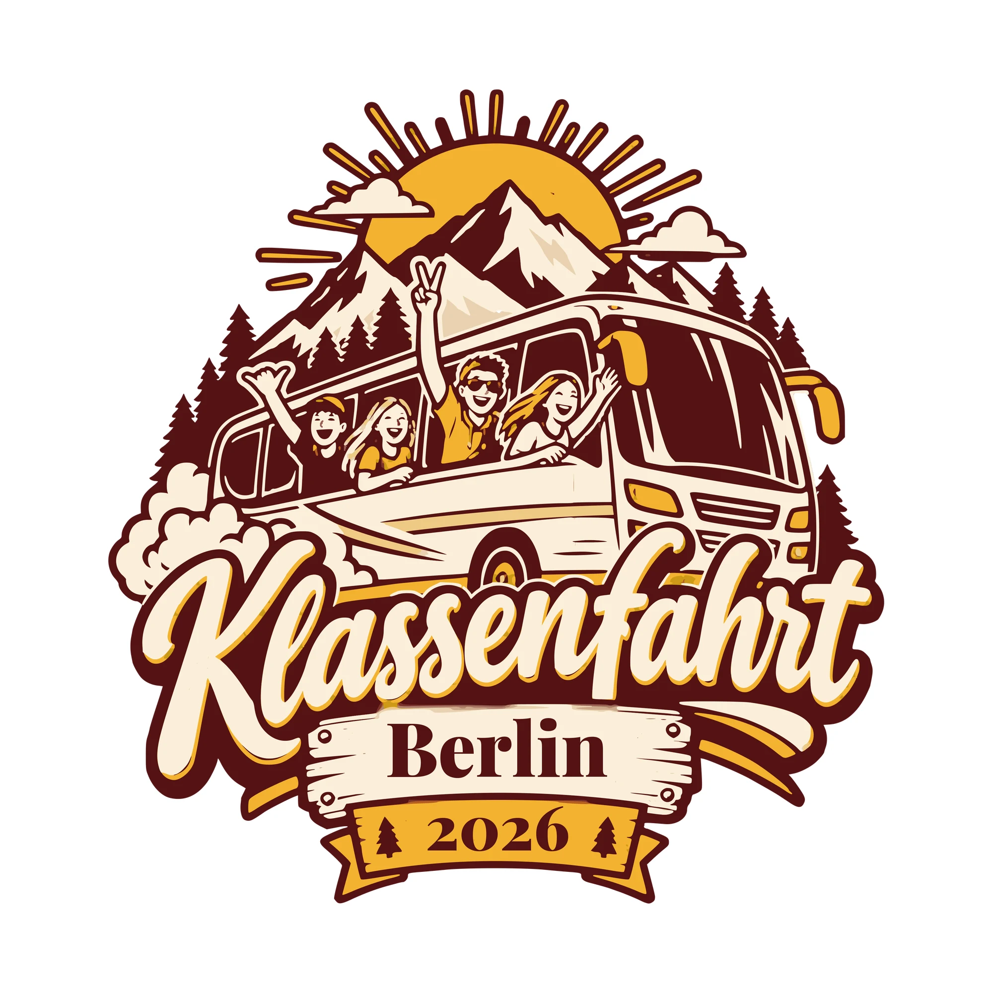 Bügelbild Klassenfahrt mit Ort und Jahr als Grafik auf weißem Hintergrund (BB011247)