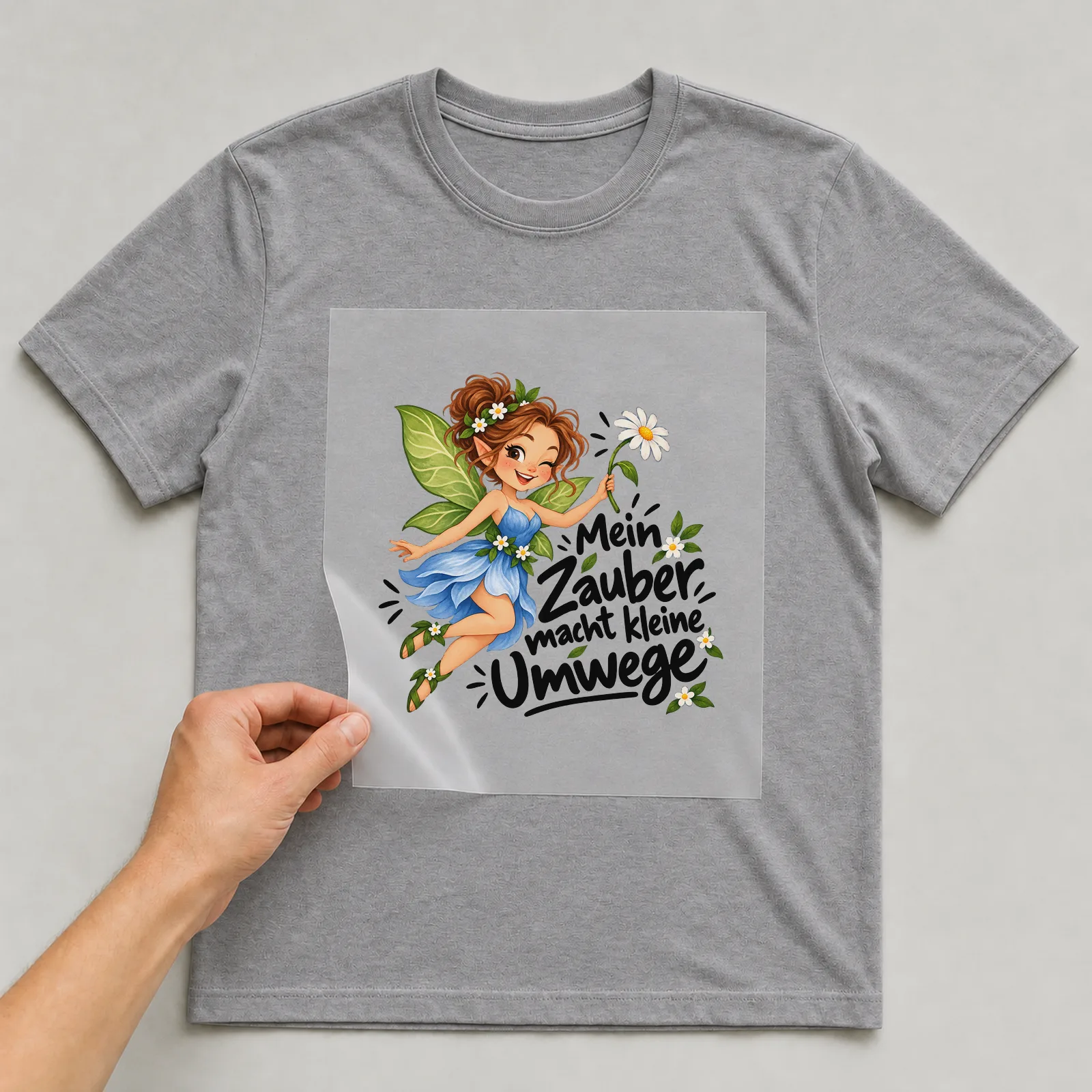 Bügelbild „Mein Zauber macht kleine Umwege“ auf grauem T-Shirt, Folie wird aufgelegt
