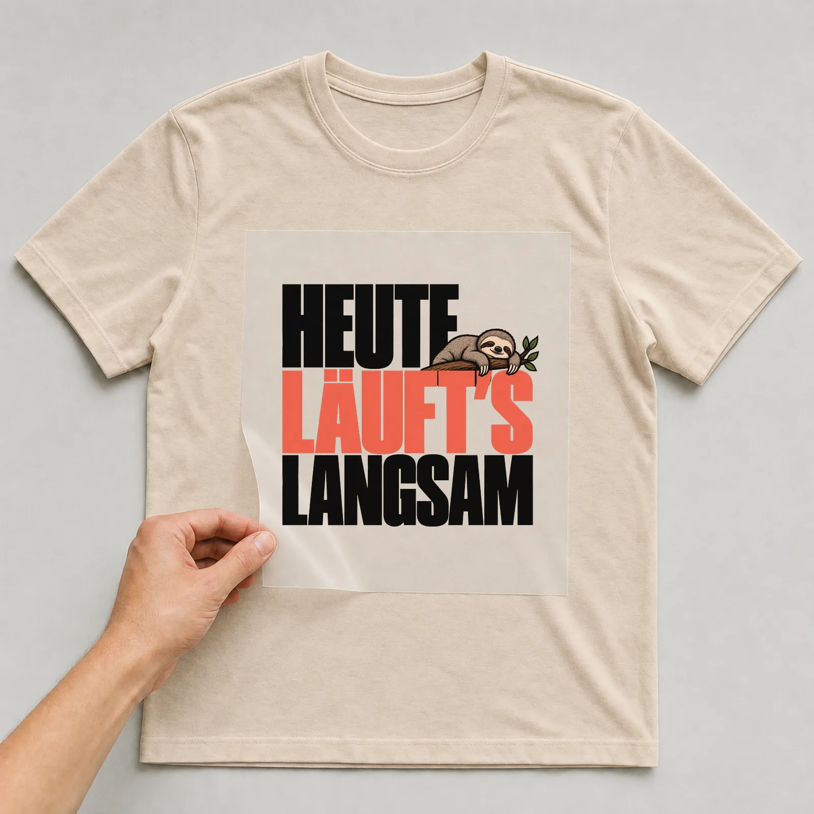 Bügelbild „Heute läuft’s langsam“ auf beigem T-Shirt, Folie wird aufgelegt