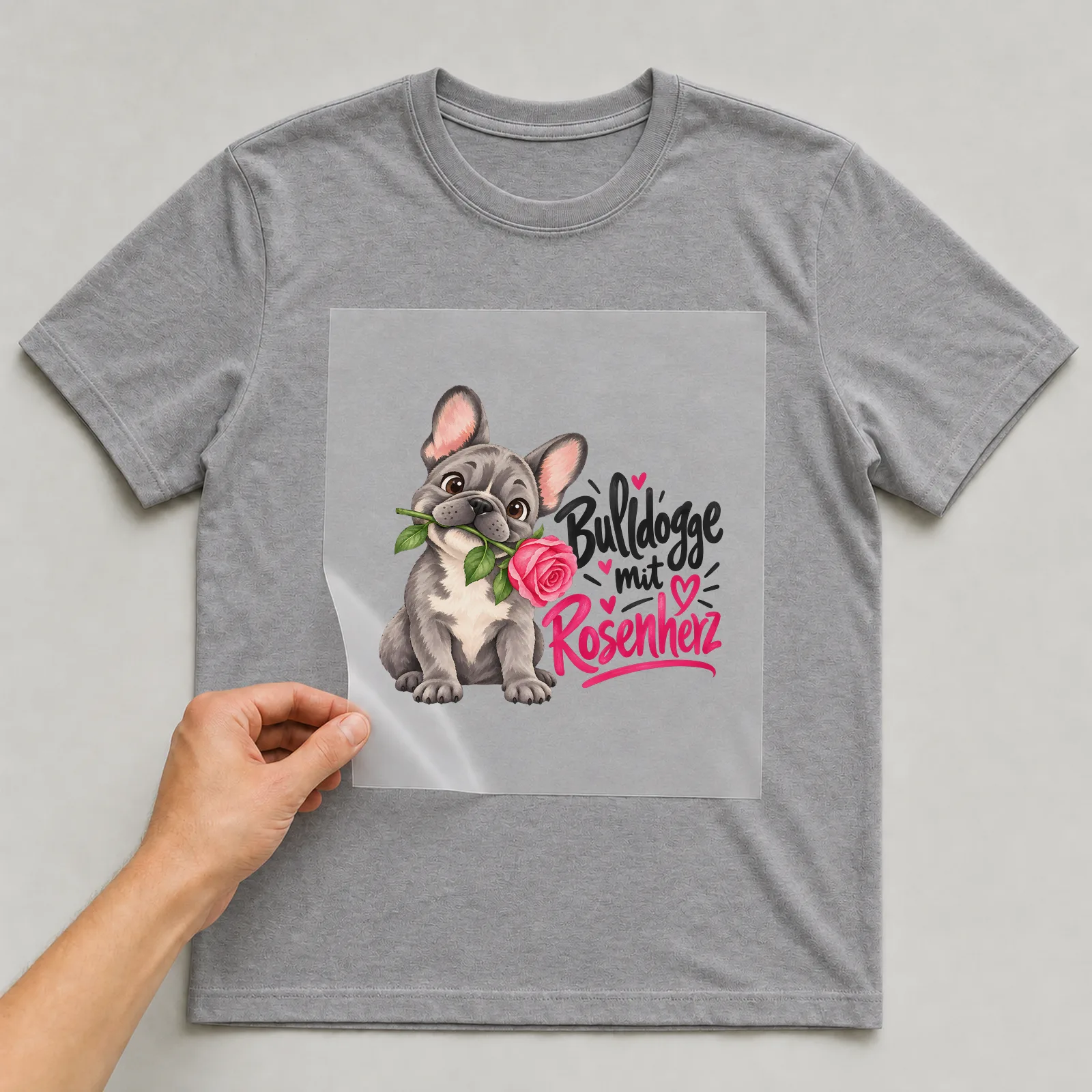 Bügelbild „Bulldogge mit Rosenherz“ auf grauem T-Shirt, Folie wird aufgelegt