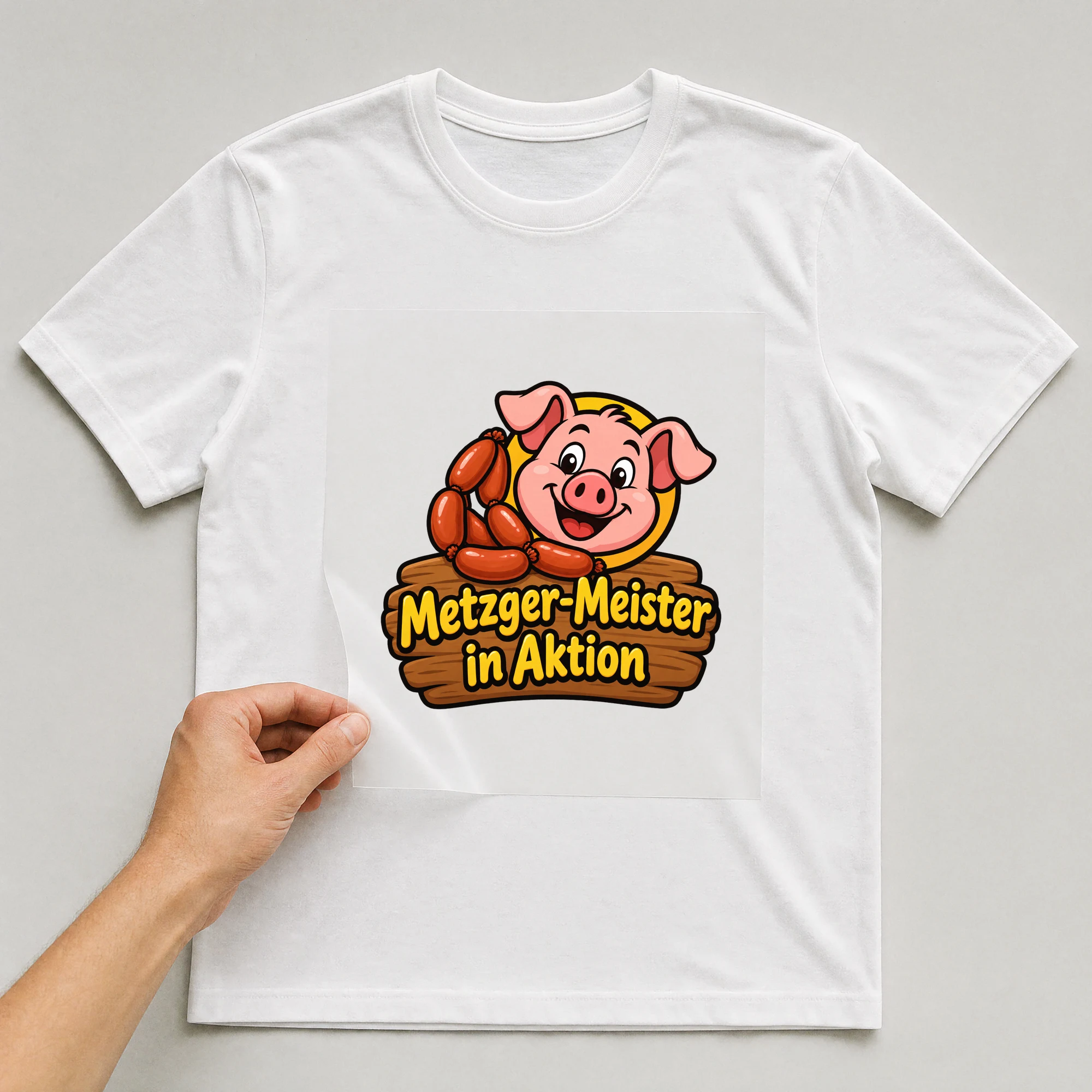 Bügelbild „Metzger-Meister in Aktion“ auf weißem T-Shirt, Folie wird aufgelegt