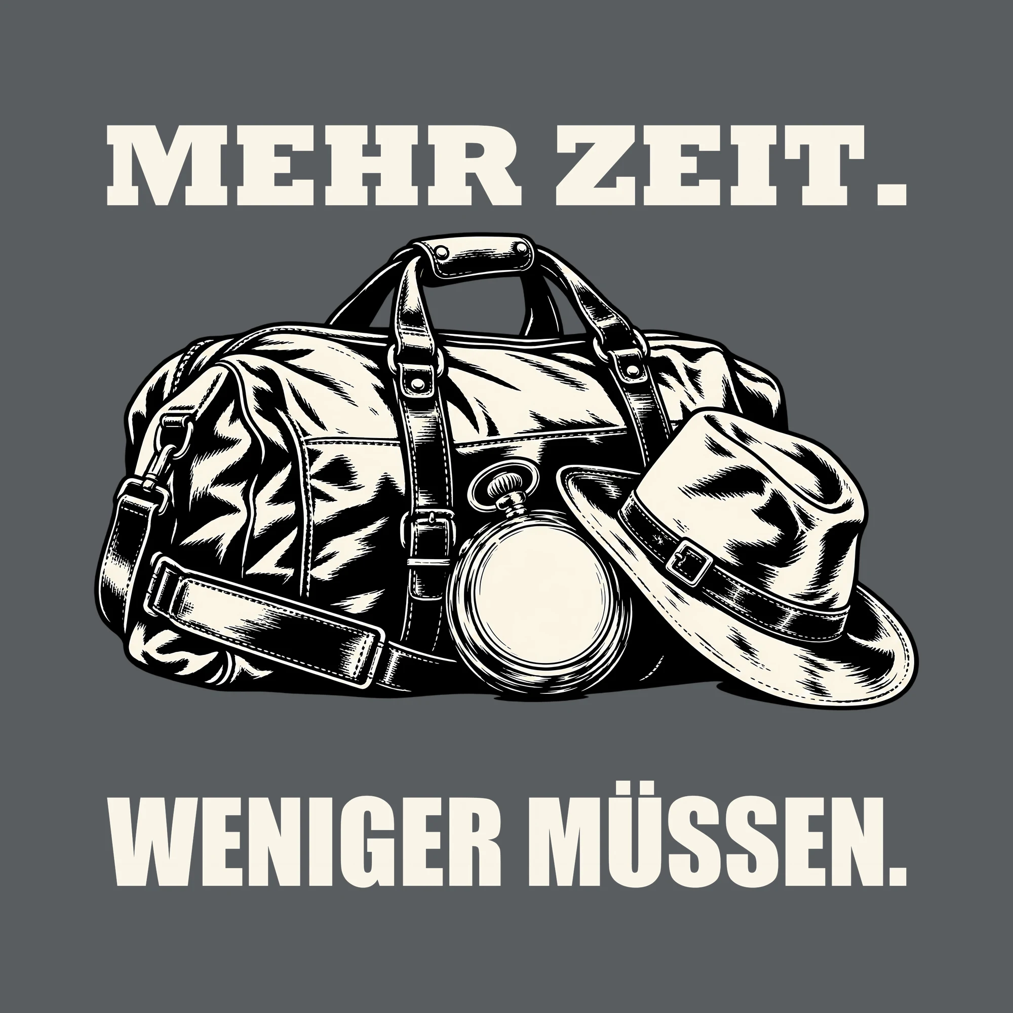 Bügelbild MEHR ZEIT. WENIGER MÜSSEN. als Grafik auf dunklem Hintergrund (BB011535)