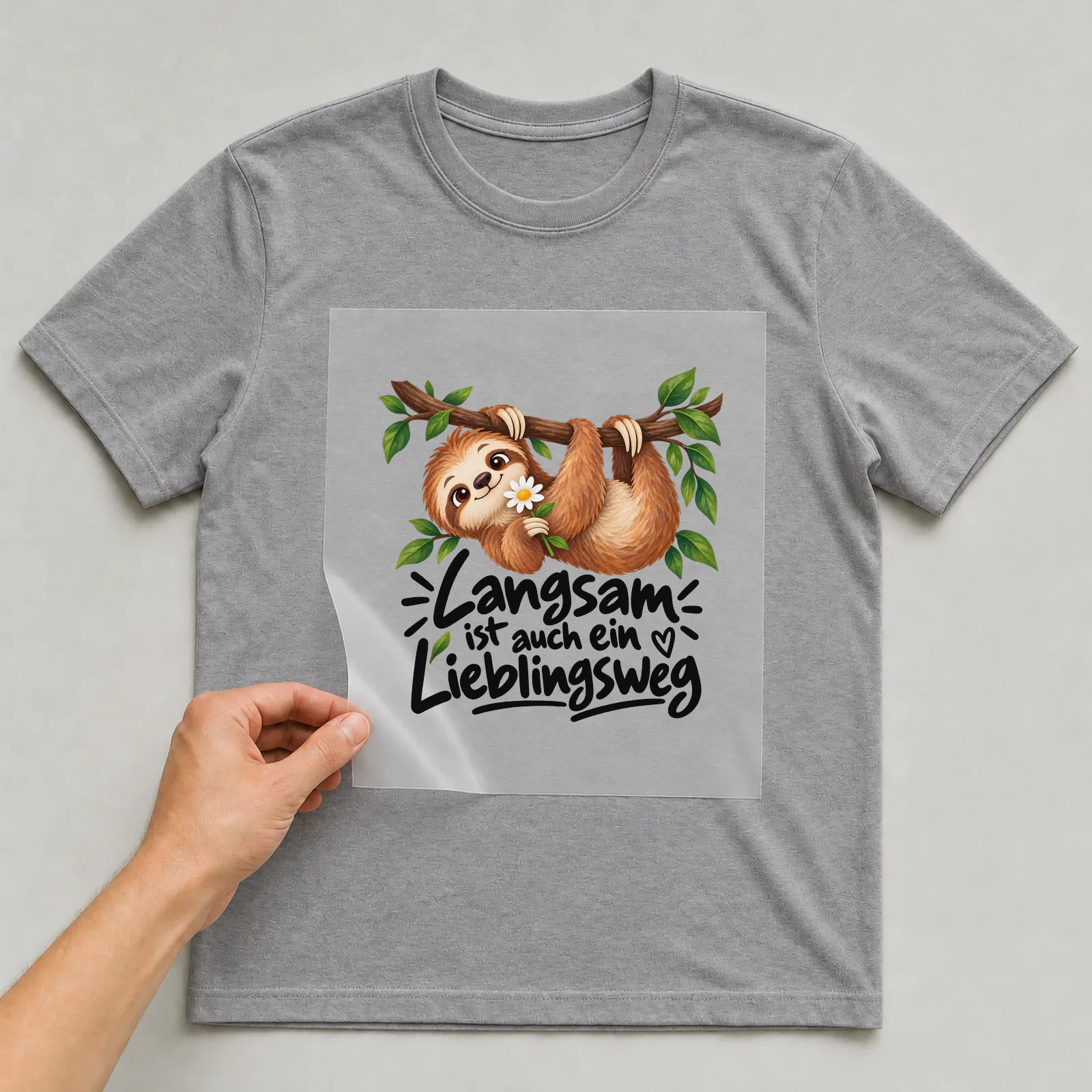 Bügelbild „Langsam ist auch ein Lieblingsweg“ auf grauem T-Shirt, Folie wird aufgelegt