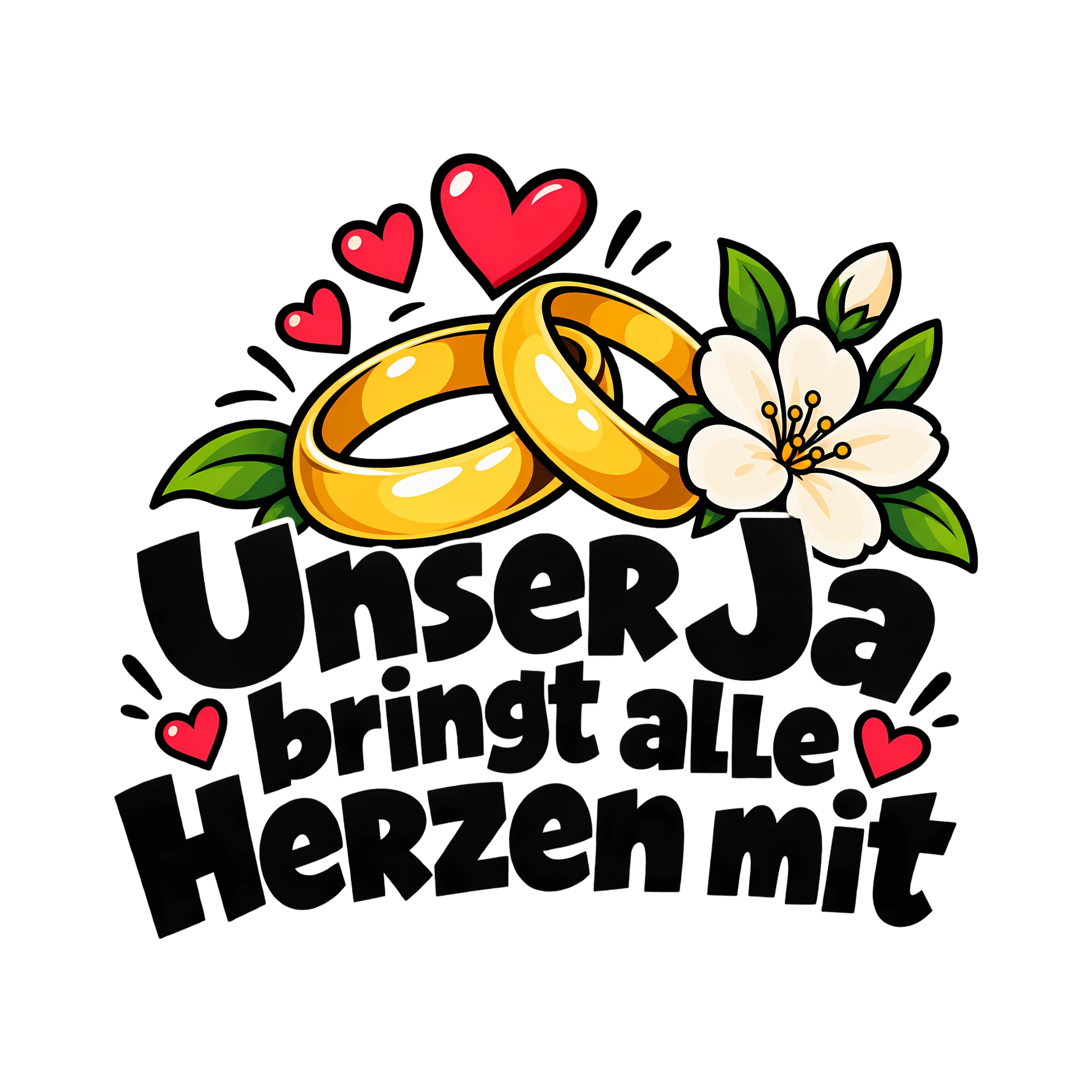 Bügelbild Unser Ja bringt alle Herzen mit als Grafik auf weißem Hintergrund (BB013150)