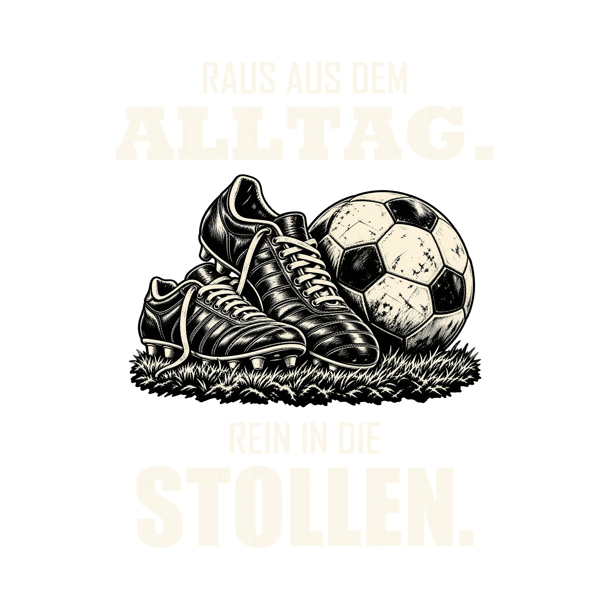 Bügelbild RAUS AUS DEM ALLTAG. REIN IN DIE STOLLEN. als Grafik auf weißem Hintergrund (BB013699)