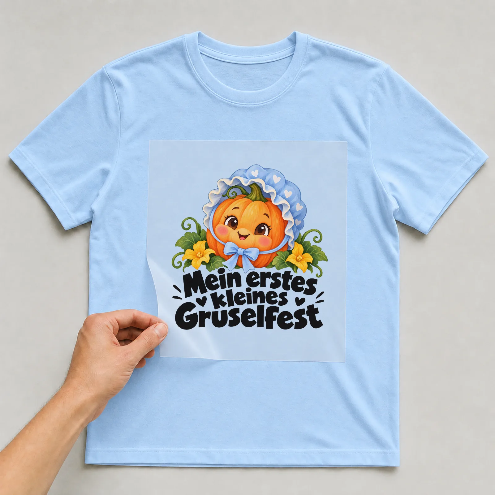 Bügelbild „Mein erstes kleines Gruselfest“ auf hellblauem T-Shirt, Folie wird aufgelegt