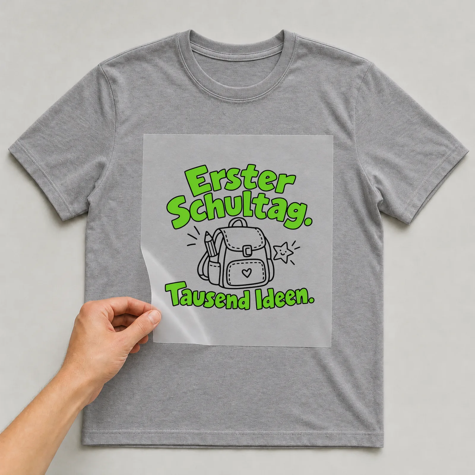Bügelbild „Erster Schultag. Tausend Ideen.“ auf grauem T-Shirt, Folie wird aufgelegt