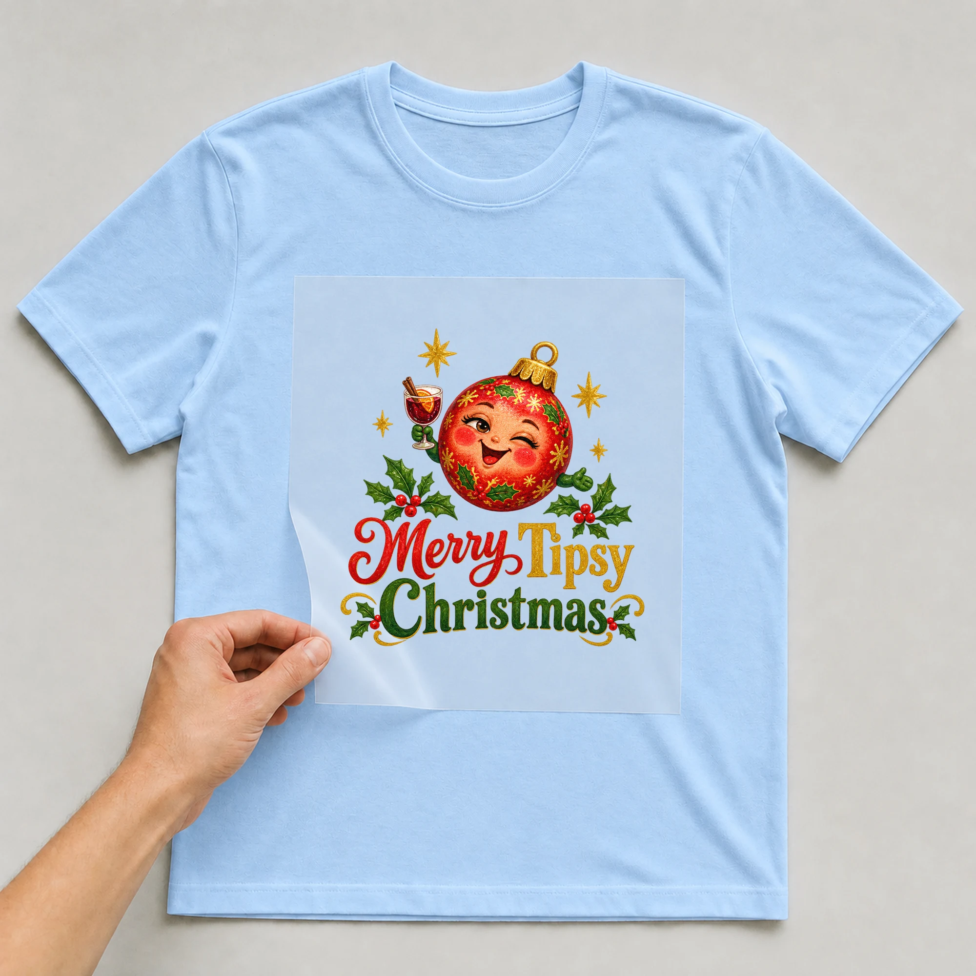 Bügelbild „Merry Tipsy Christmas“ auf babyblauem T-Shirt, Folie wird aufgelegt