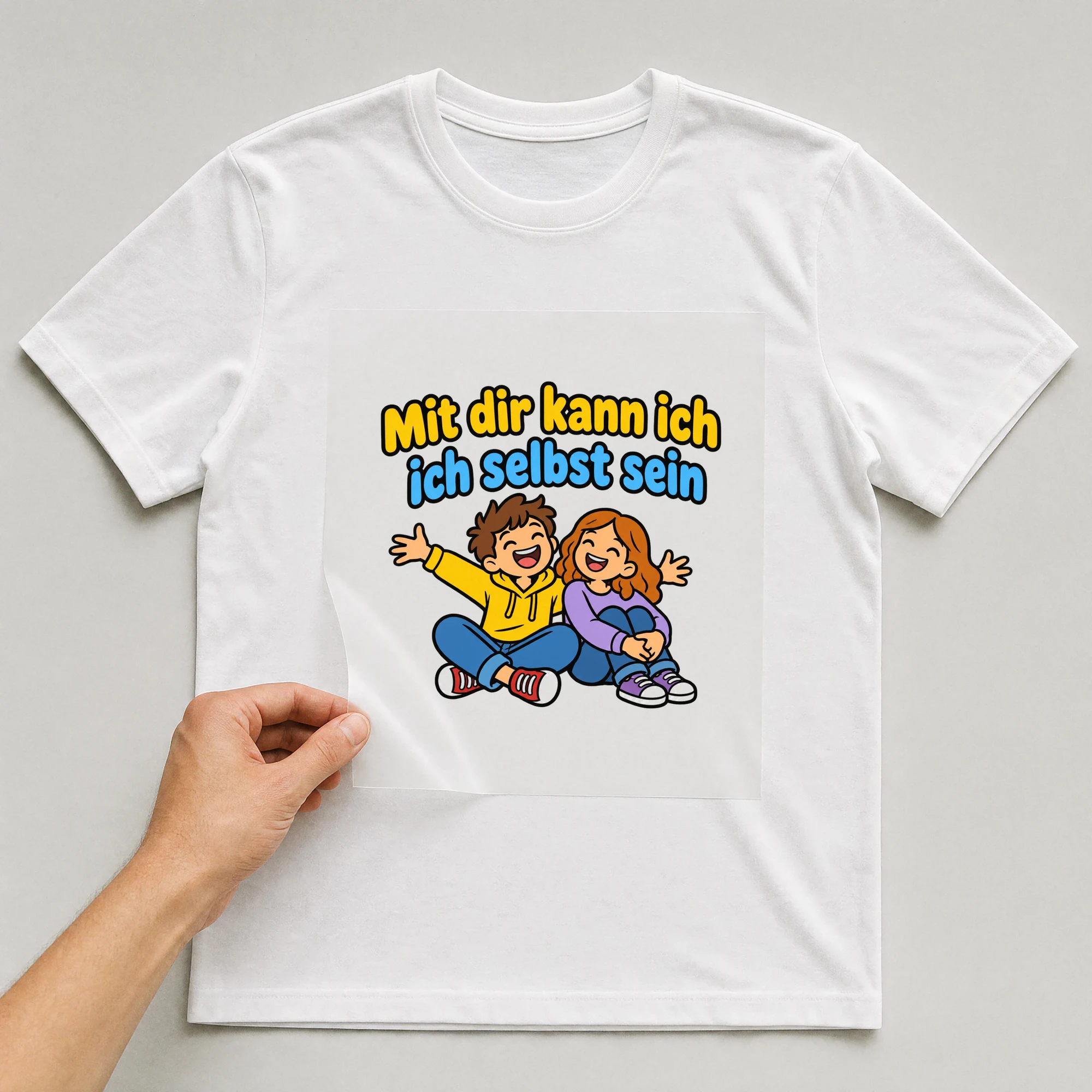 Bügelbild „Mit dir kann ich ich selbst sein“ auf weißem T-Shirt, Folie wird aufgelegt