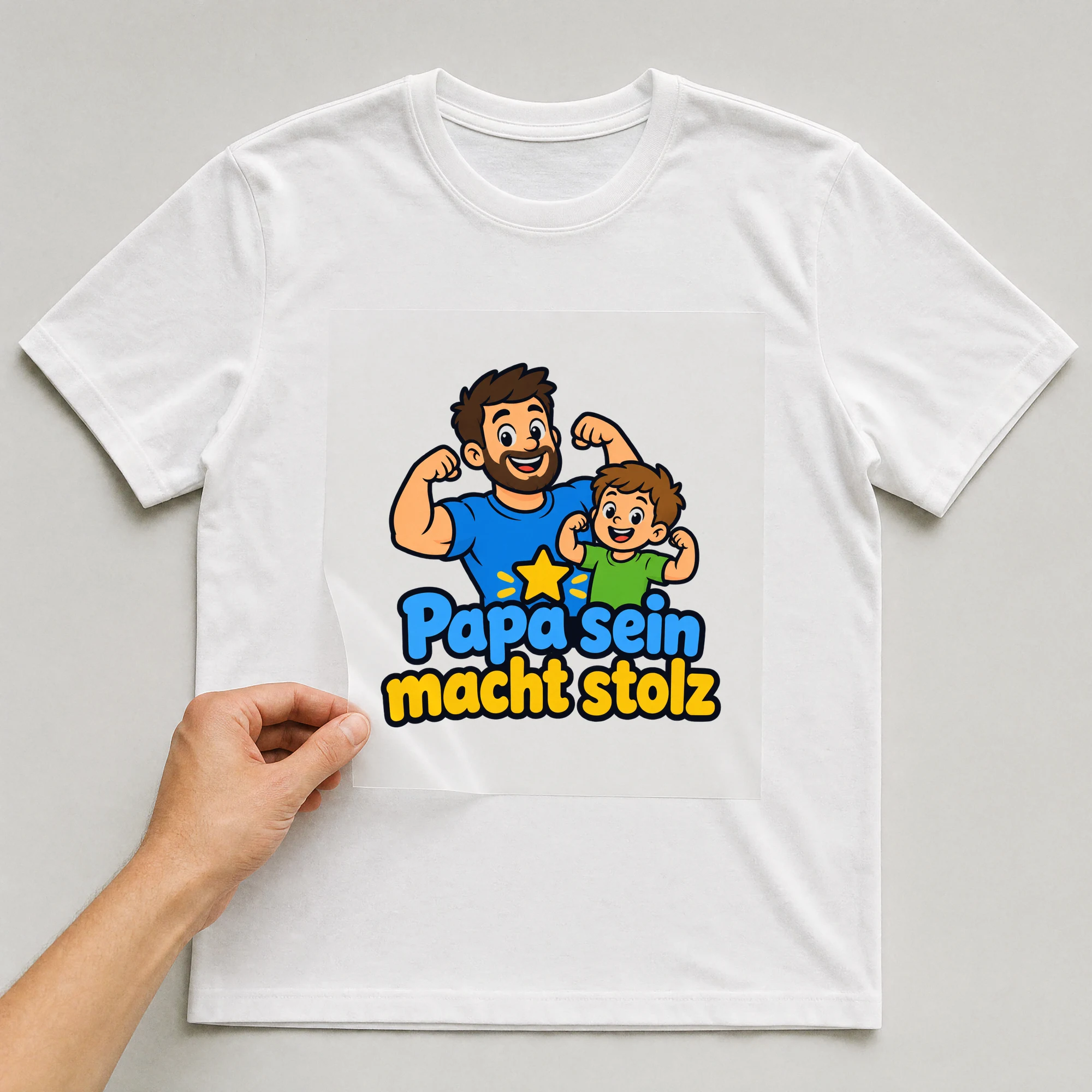 Bügelbild „Papa sein macht stolz“ auf weißem T-Shirt, Folie wird aufgelegt