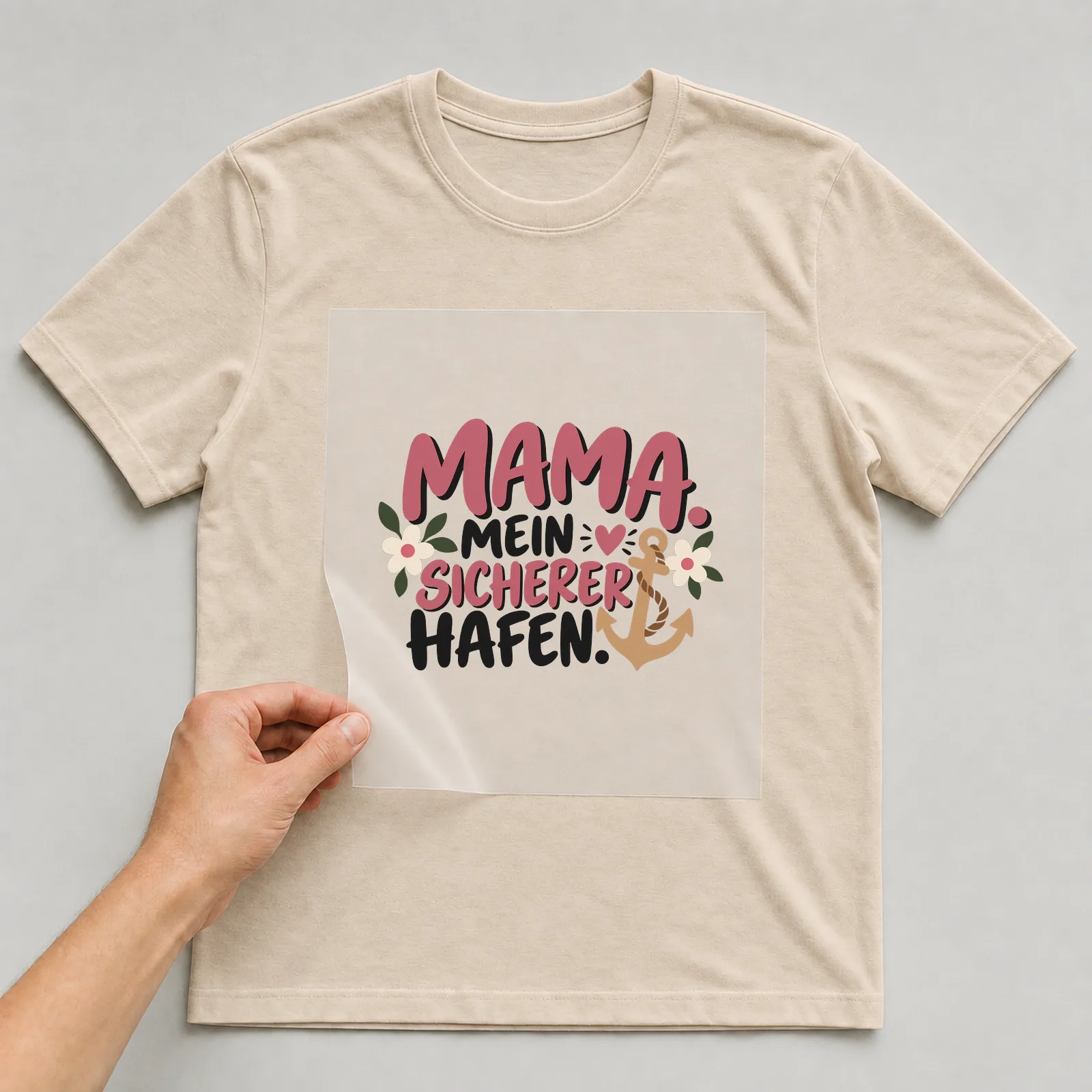 Bügelbild „Mama. Mein sicherer Hafen.“ auf beigem T-Shirt, Folie wird aufgelegt