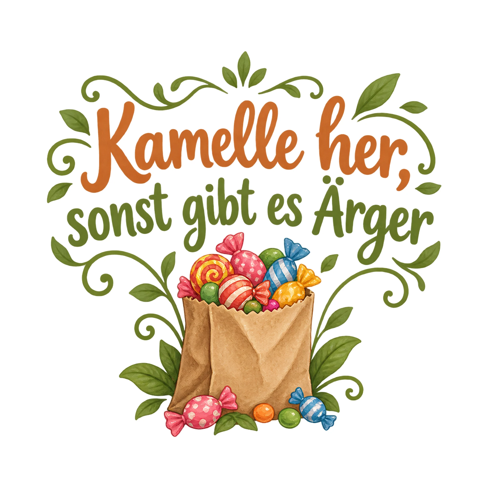 Bügelbild Kamelle her, sonst gibt es Ärger, Vereine Shirt Spruch als Grafik auf weißem Hintergrund (BB020457)