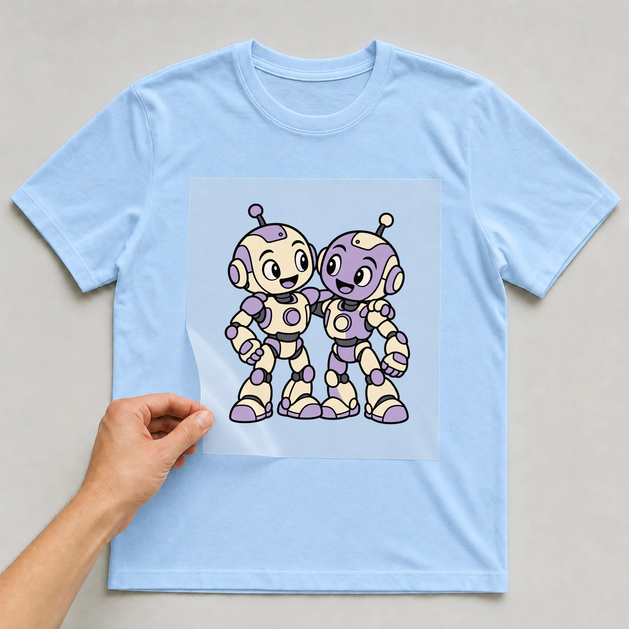 Bügelbild „Mecha Robotic Zodiac Sign Gemini“ auf babyblauem T-Shirt, Folie wird aufgelegt