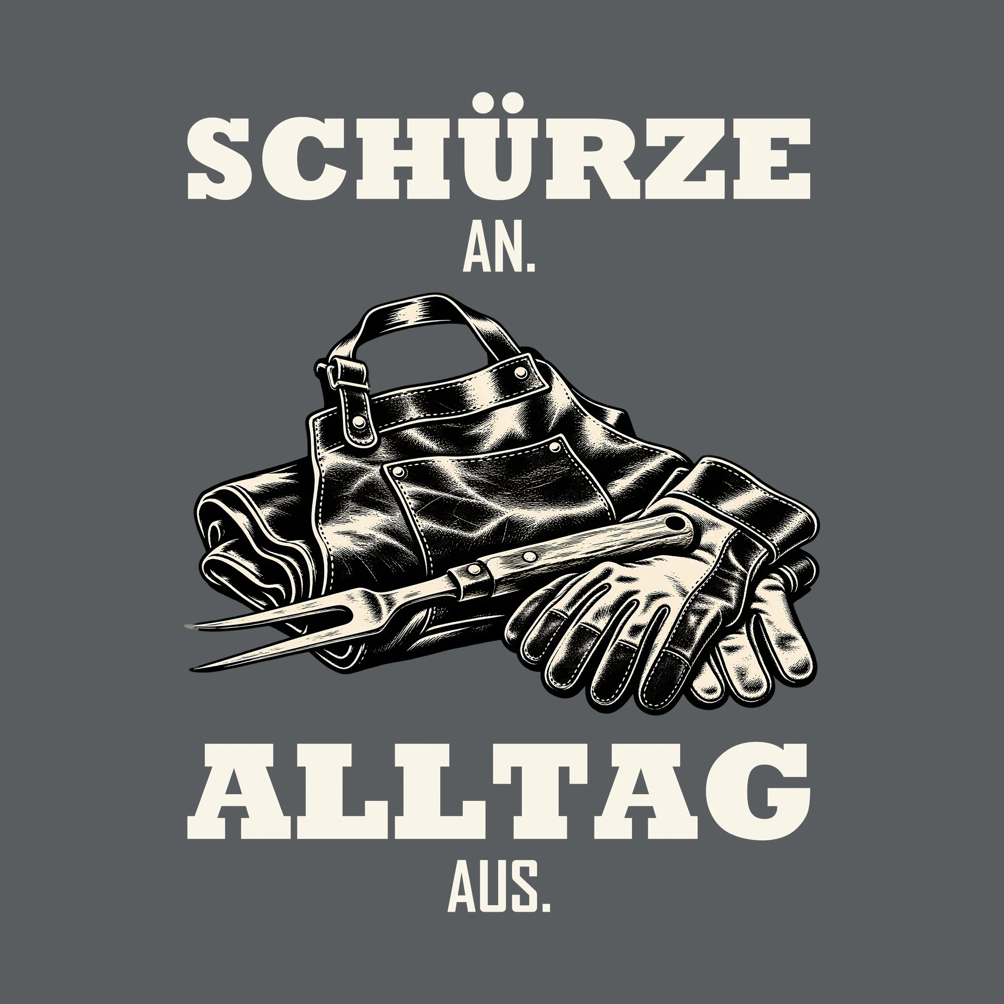 Bügelbild SCHÜRZE AN. ALLTAG AUS. als Grafik auf dunklem Hintergrund (BB012063)