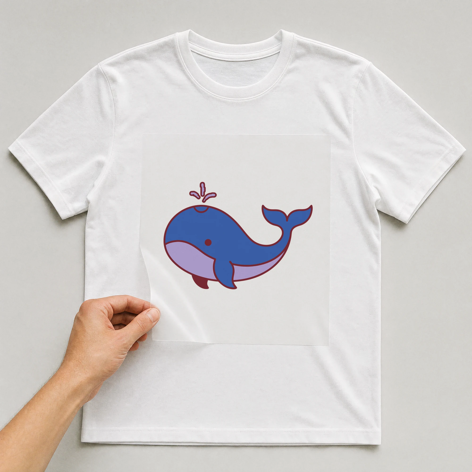 Bügelbild „Wal“ auf weißem T-Shirt, Folie wird aufgelegt
