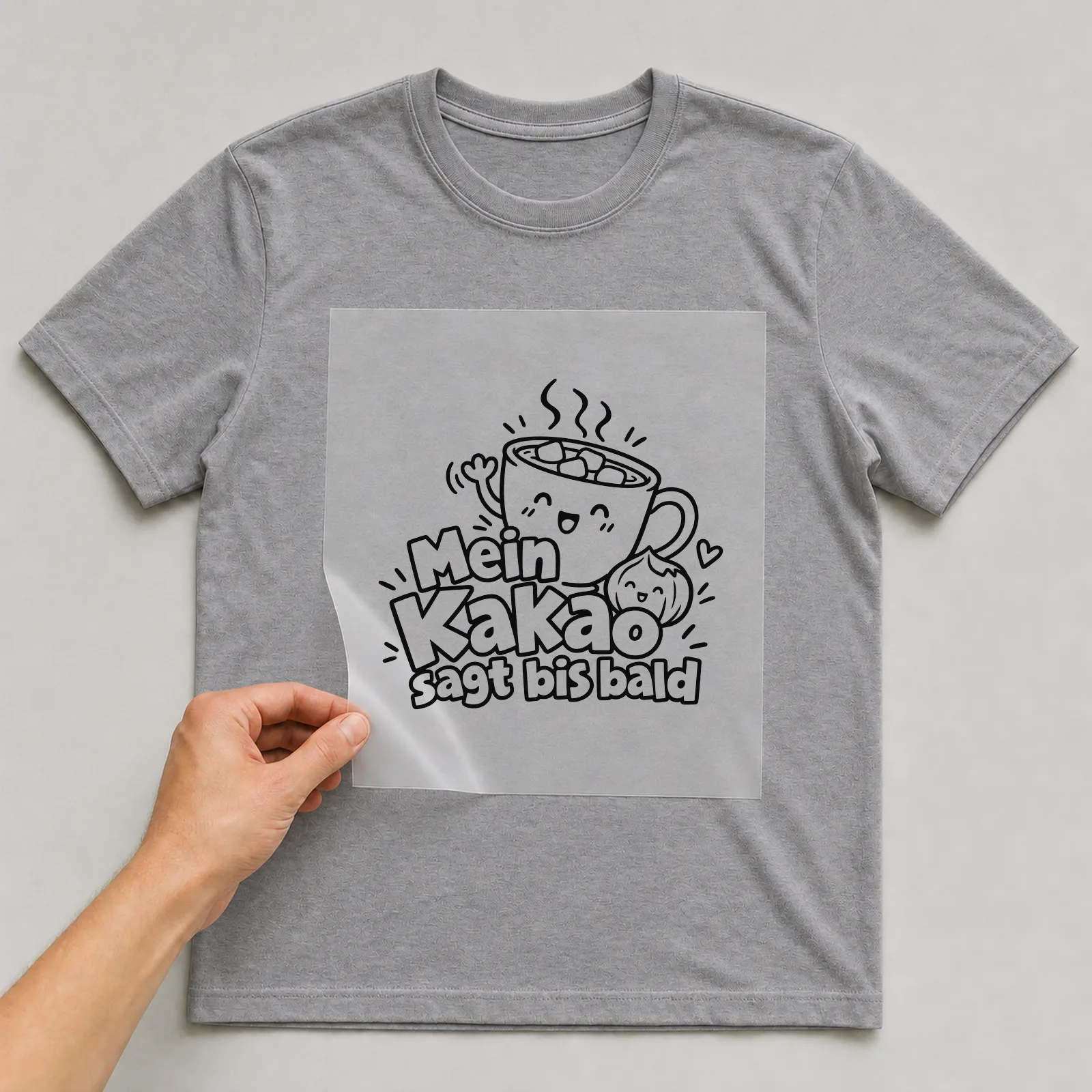 Bügelbild „Mein Kakao sagt bis bald“ auf grauem T-Shirt, Folie wird aufgelegt