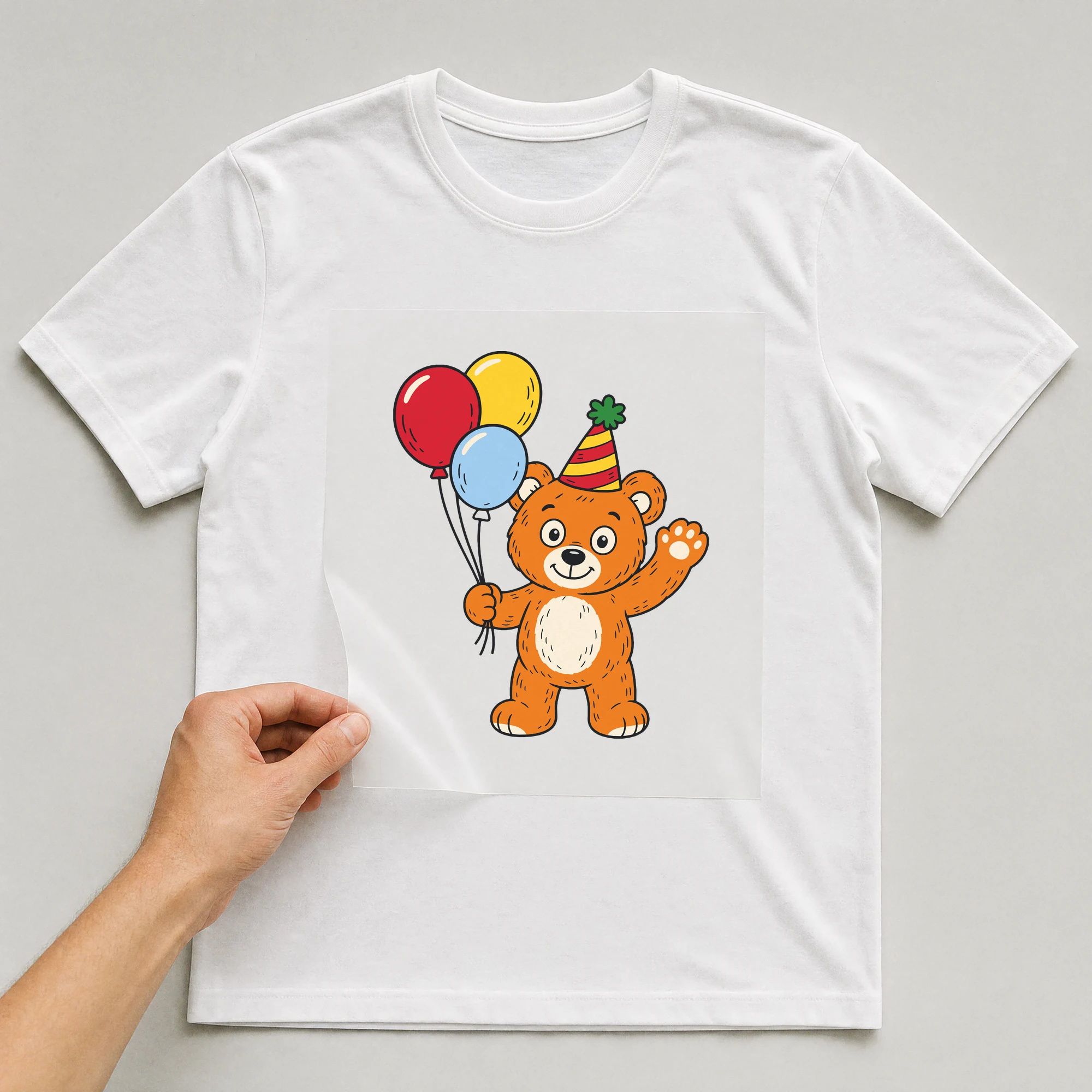 Bügelbild „Bär mit Luftballons“ auf weißem T-Shirt, Folie wird aufgelegt