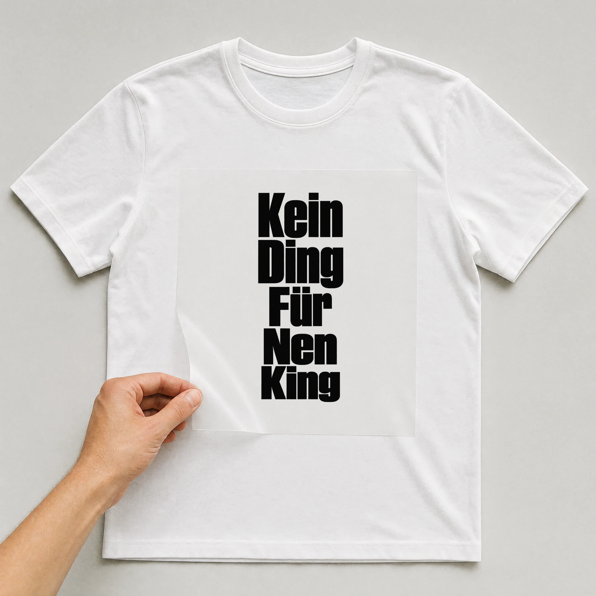Bügelbild „Kein Ding Für Nen King“ auf weißem T-Shirt, Folie wird aufgelegt