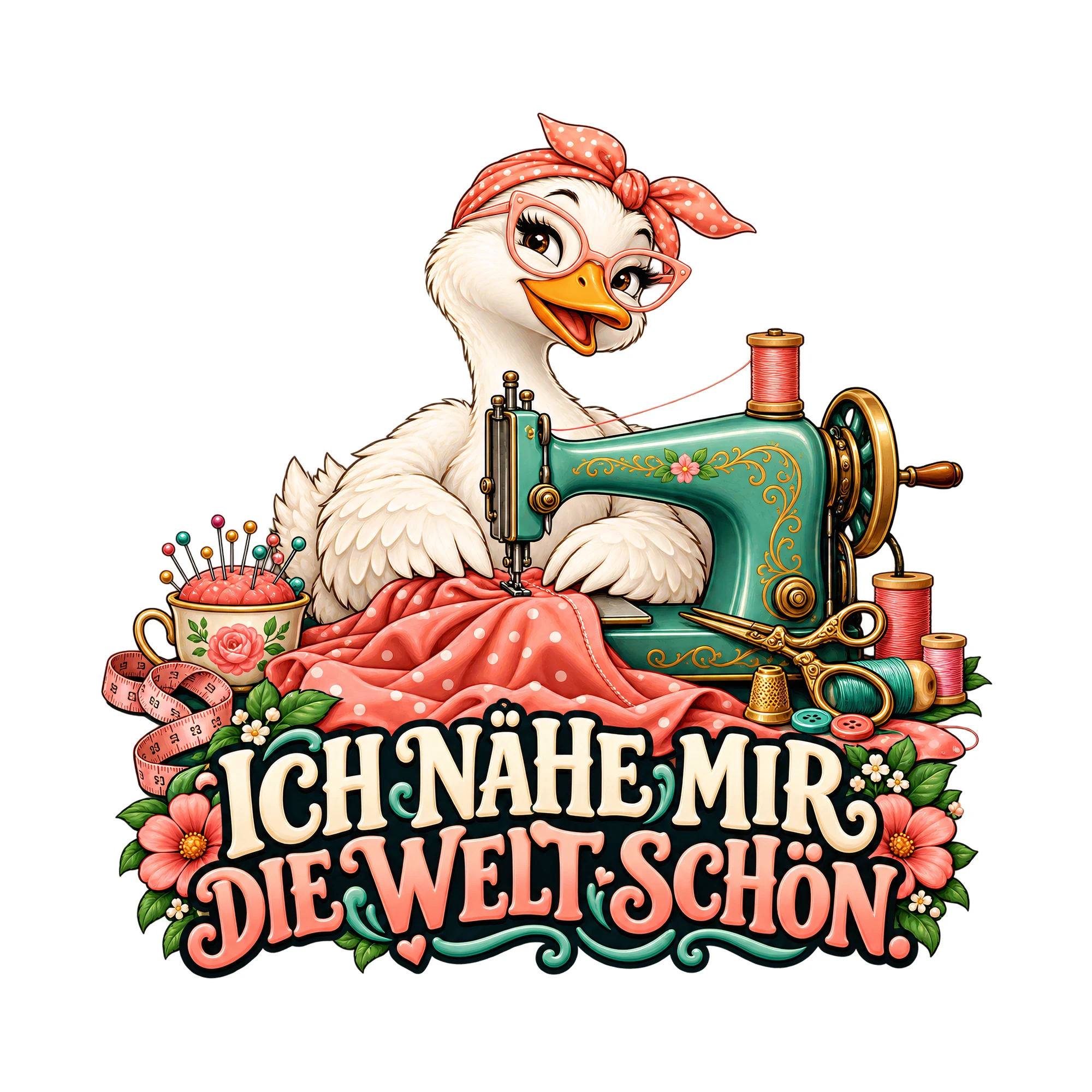 Bügelbild „Ich nähe mir die Welt schön.“, Lustiger Shirt Spruch als Grafik auf weißem Hintergrund (BB019592)