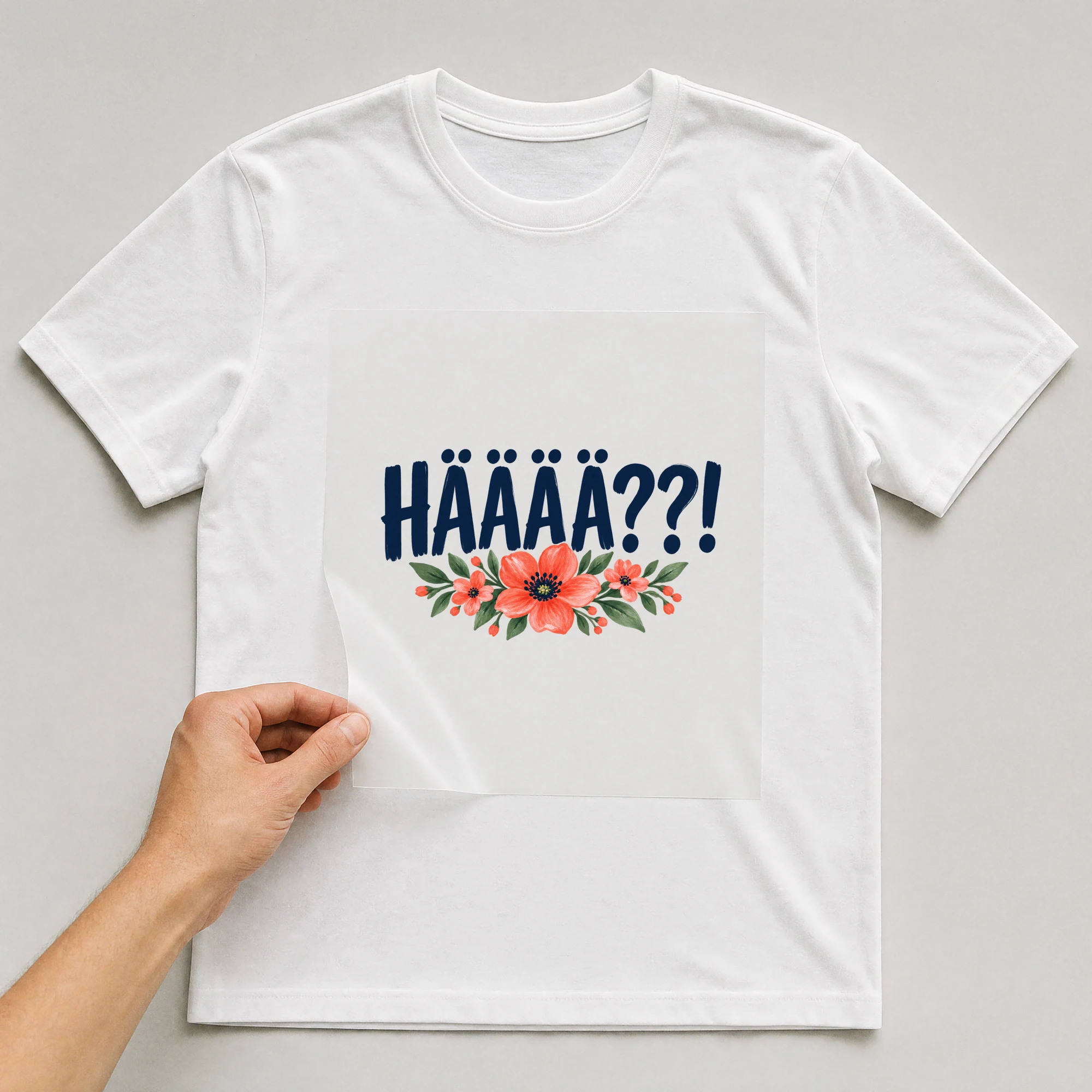 Bügelbild „Hääää??!“ auf weißem T-Shirt, Folie wird aufgelegt