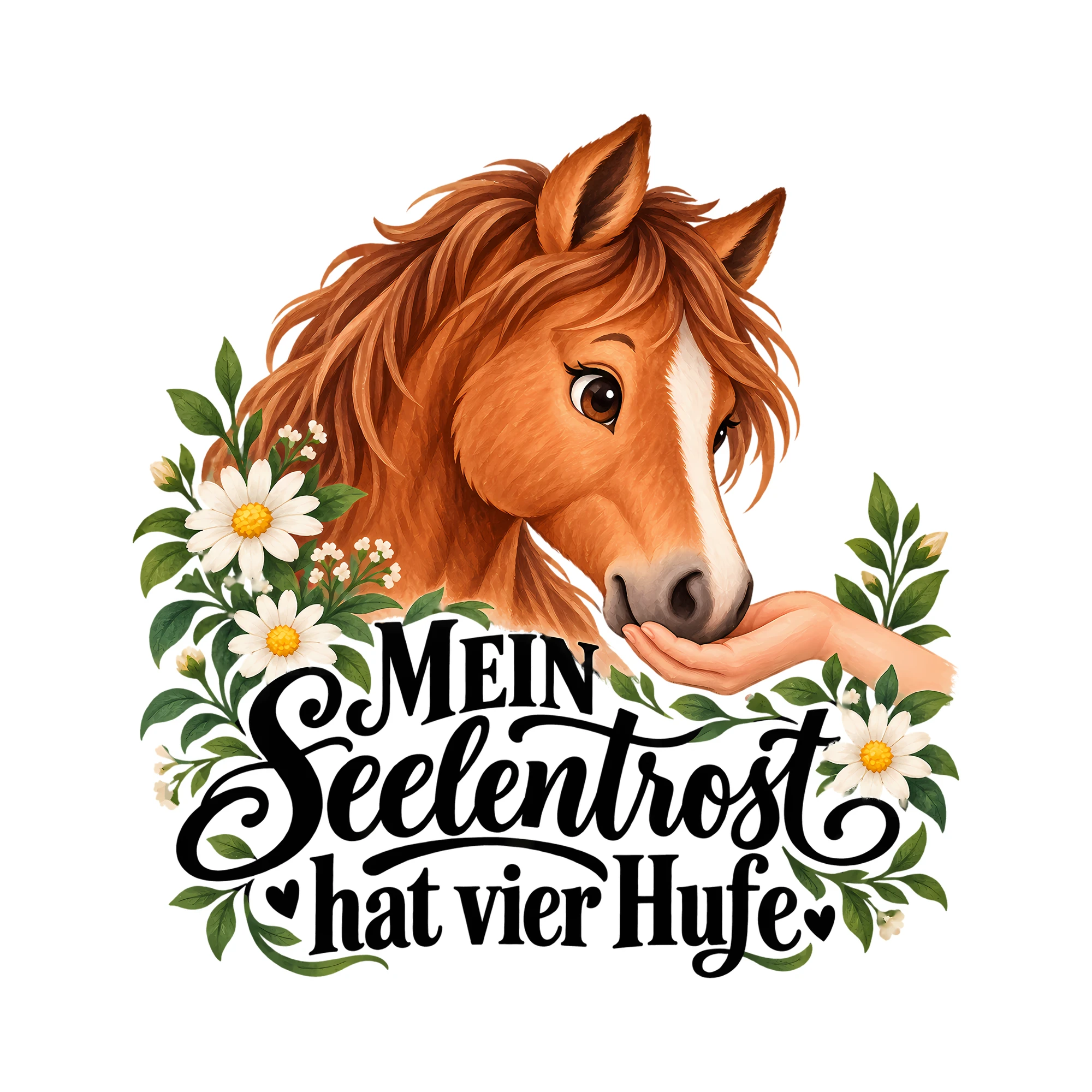 Bügelbild MEIN Seelentrost hat vier Hufe als Grafik auf weißem Hintergrund (BB013476)