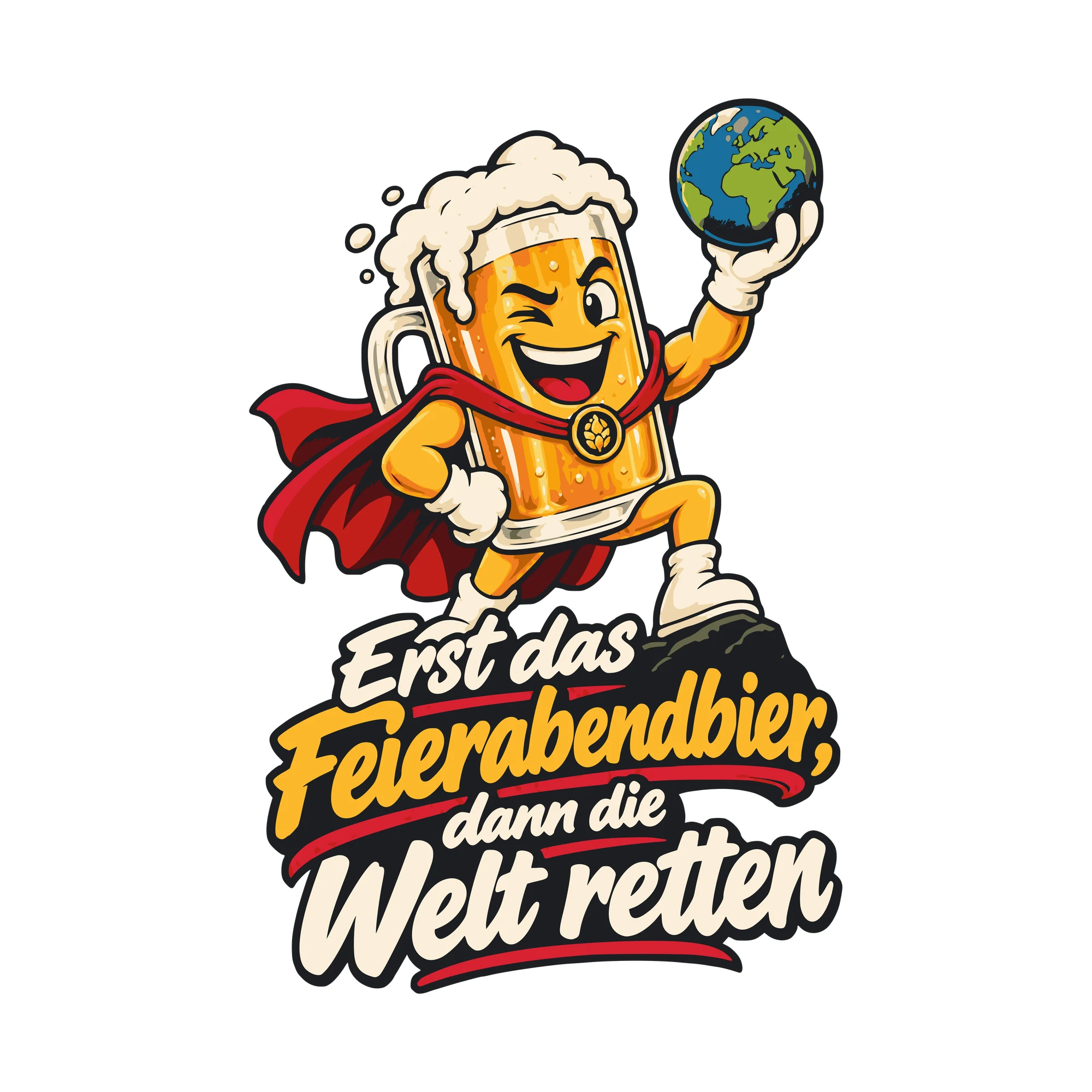 Bügelbild Erst das Feierabendbier, dann die Welt retten als Grafik auf weißem Hintergrund (BB011036)