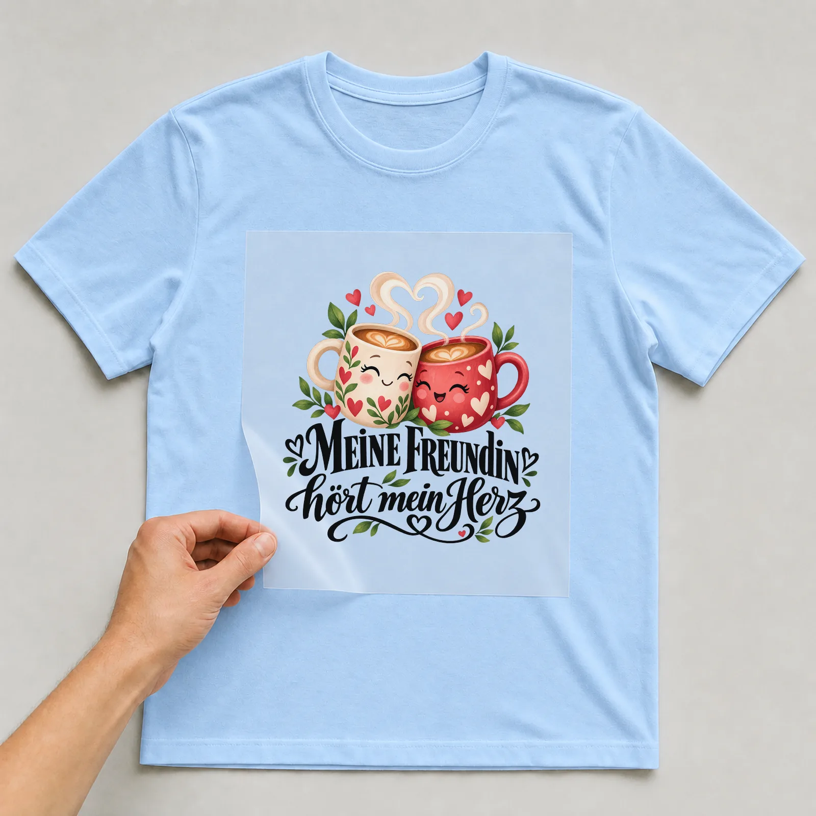 Bügelbild „Meine Freundin hört mein Herz“ auf hellblauem T-Shirt, Folie wird aufgelegt