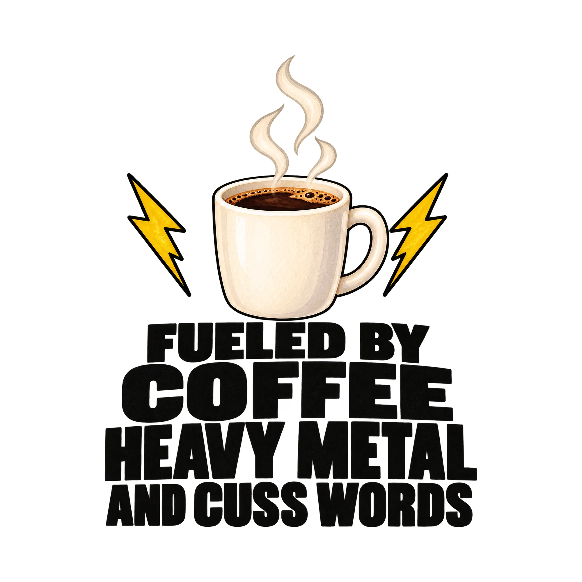 Bügelbild Fueled By Coffee Heavy Metal And Cuss Words, Küchen Spruch Bügelbild als Grafik auf weißem Hintergrund (BB015086)