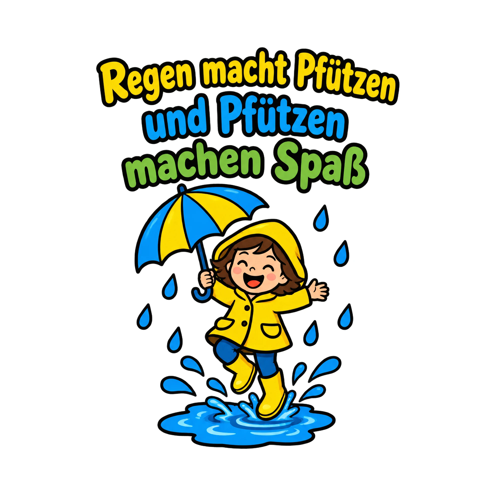 Bügelbild Regen macht Pfützen und Pfützen machen Spaß als Grafik auf weißem Hintergrund (BB019712)