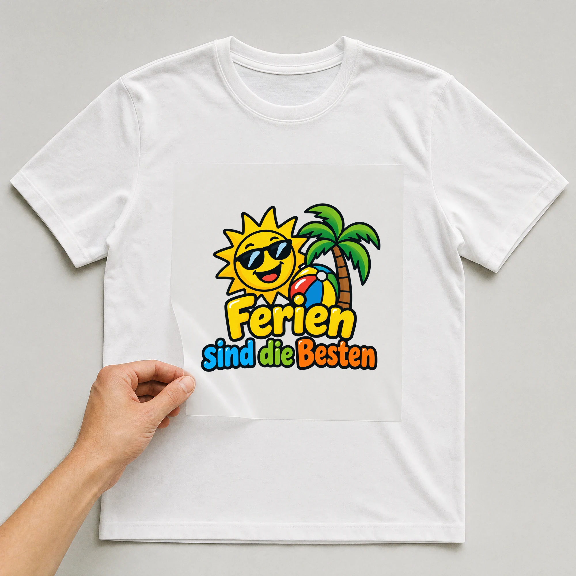 Bügelbild „Ferien sind die Besten“ auf weißem T-Shirt, Folie wird aufgelegt