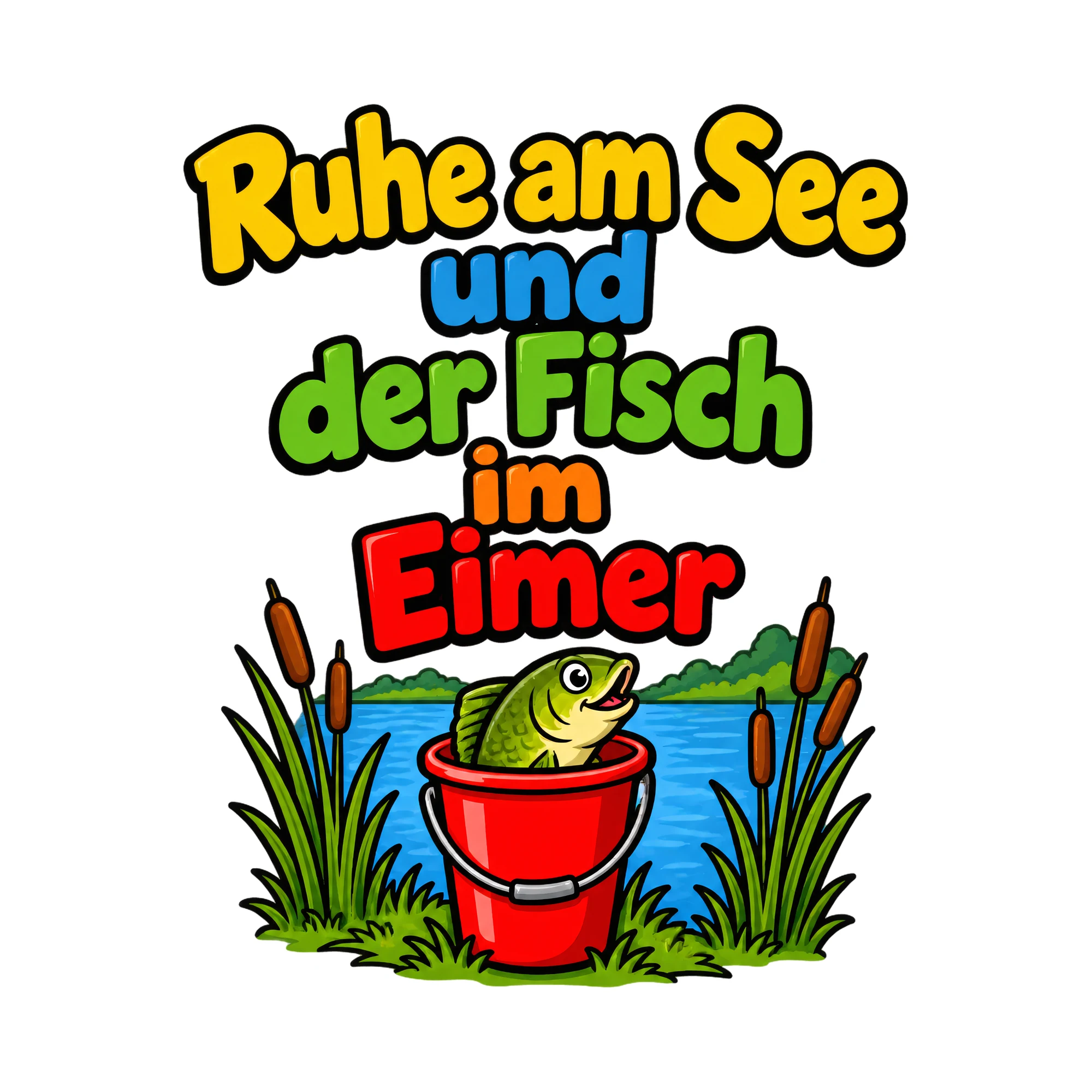 Bügelbild Ruhe am See und der Fisch im Eimer, Hobby Shirt Spruch als Grafik auf weißem Hintergrund (BB016440)