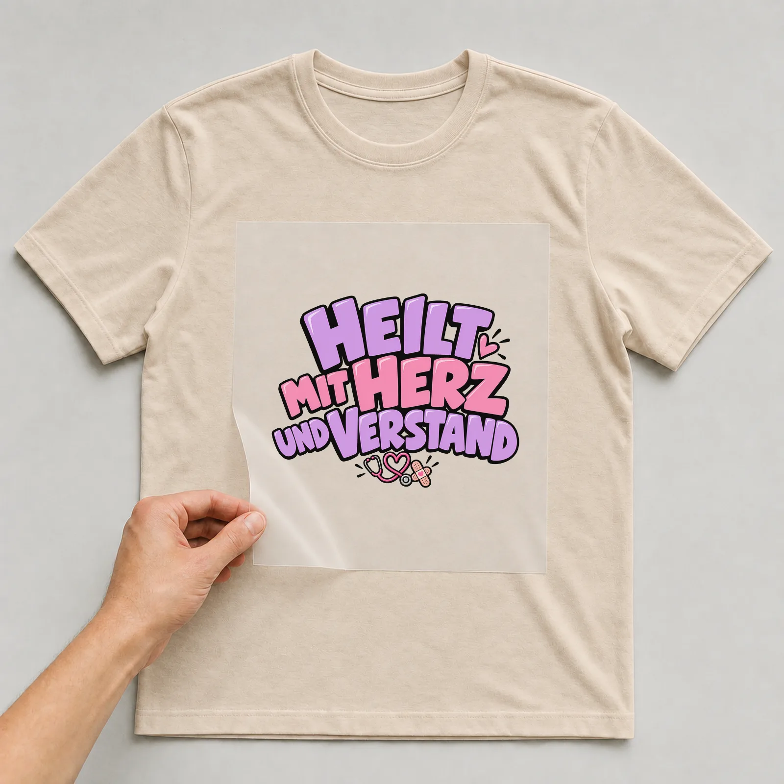 Bügelbild „Heilt mit Herz und Verstand“ auf beigem T-Shirt, Folie wird aufgelegt