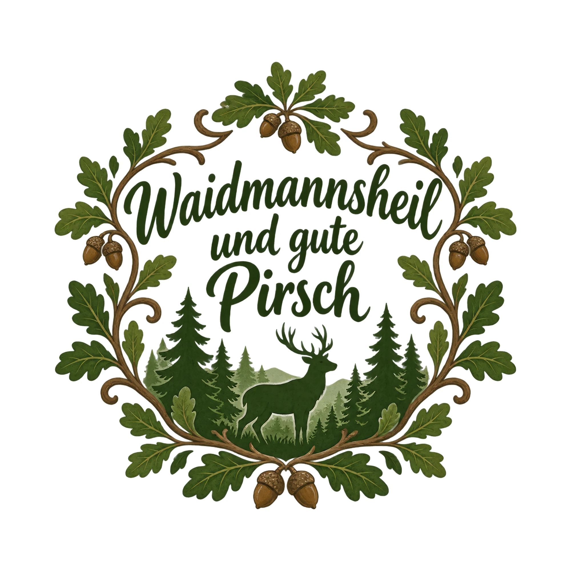 Bügelbild Waidmannsheil und gute Pirsch als Grafik auf weißem Hintergrund (BB019332)
