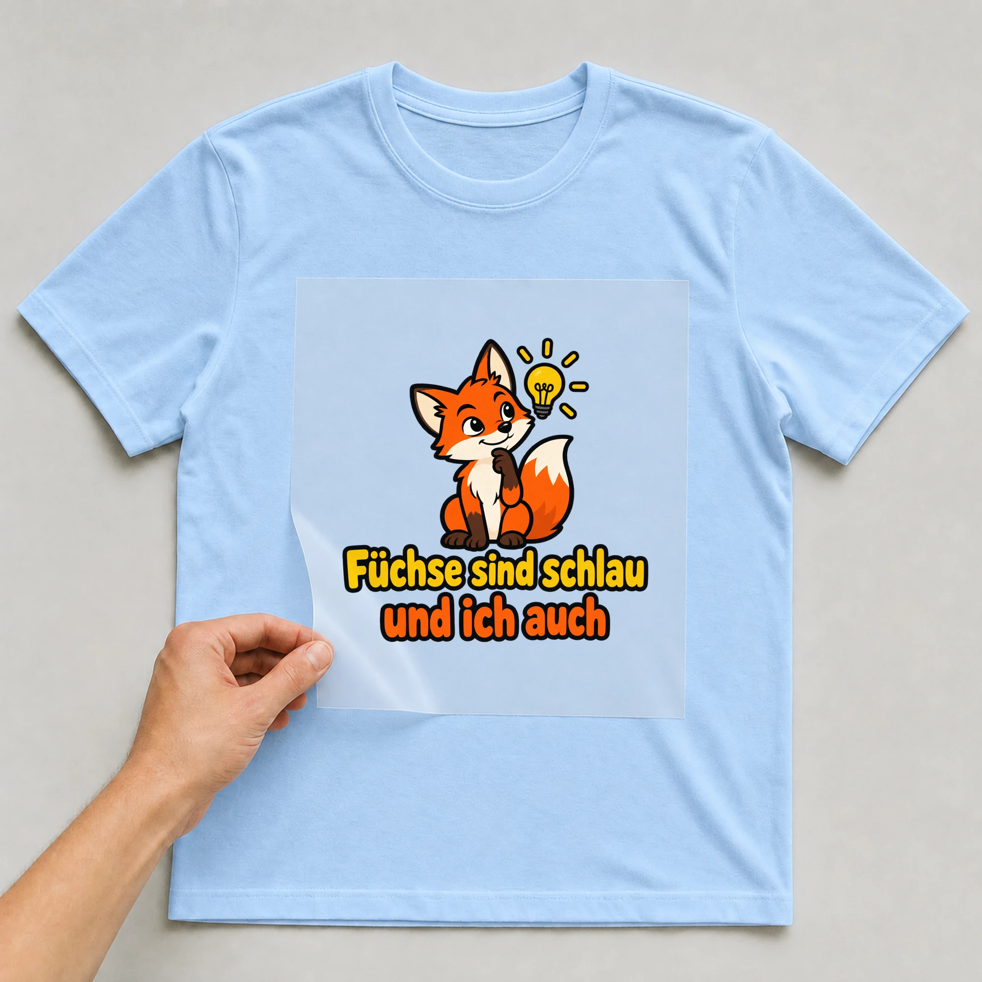 Bügelbild „Füchse sind schlau und ich auch“ auf babyblauem T-Shirt, Folie wird aufgelegt
