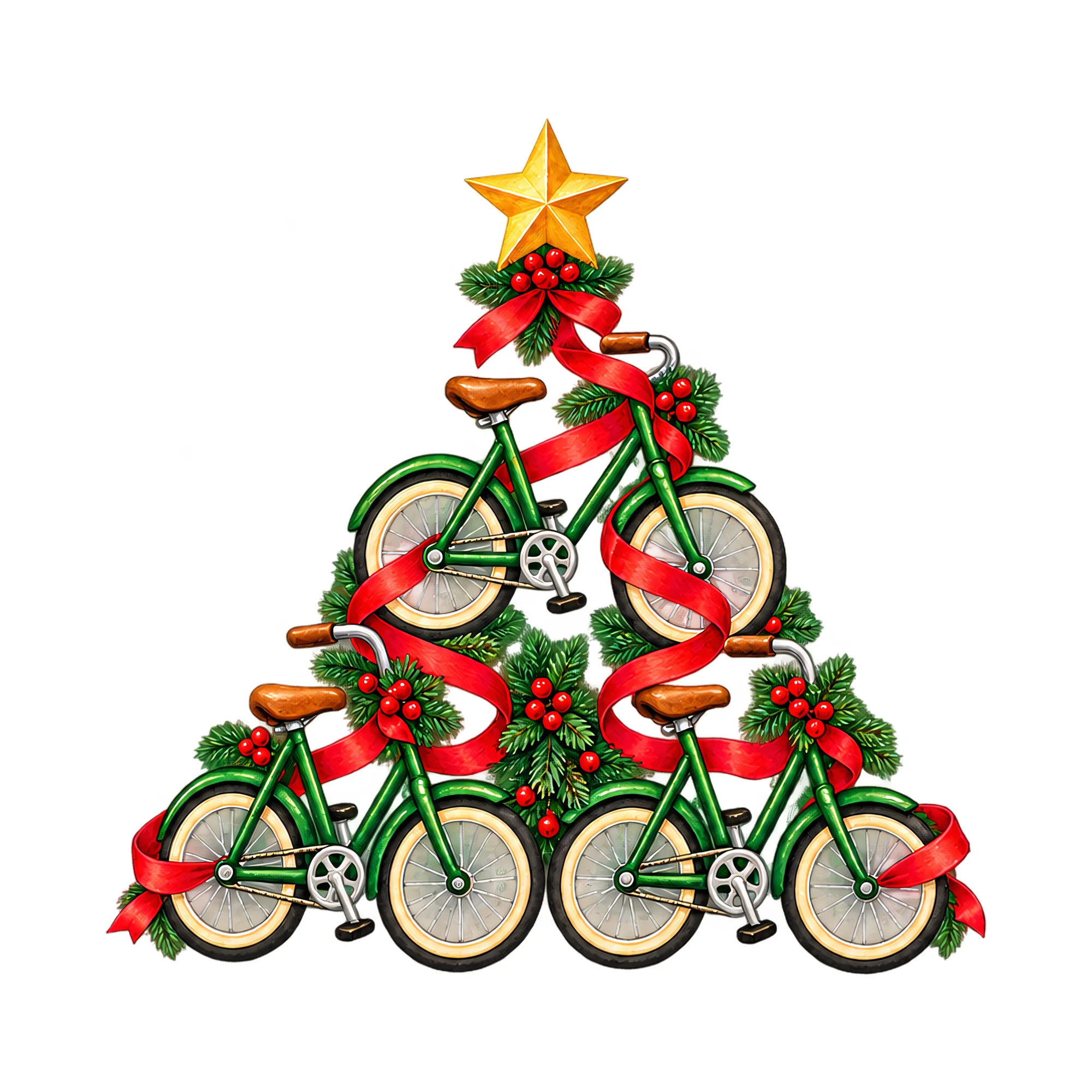 Bügelbild Weihnachtsbaum aus Fahrrädern, Weihnachten Shirt Motiv als Grafik auf weißem Hintergrund (BB017456)