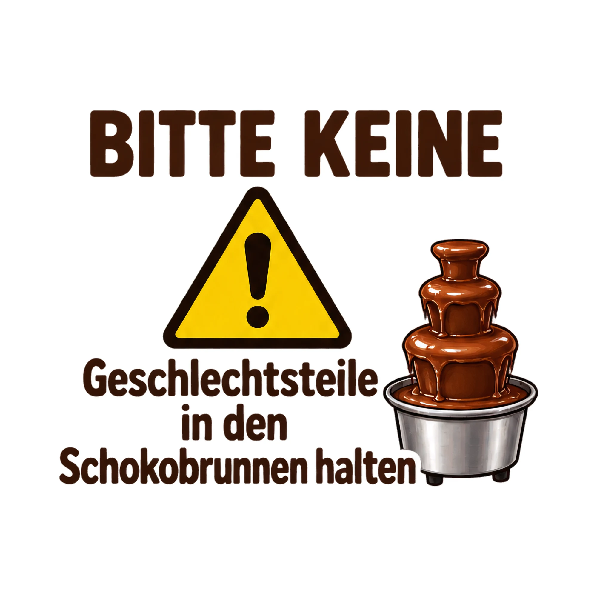 Bügelbild „Bitte keine Geschlechtsteile in den Schokobrunnen halten“ als Grafik auf weißem Hintergrund (BB017525)