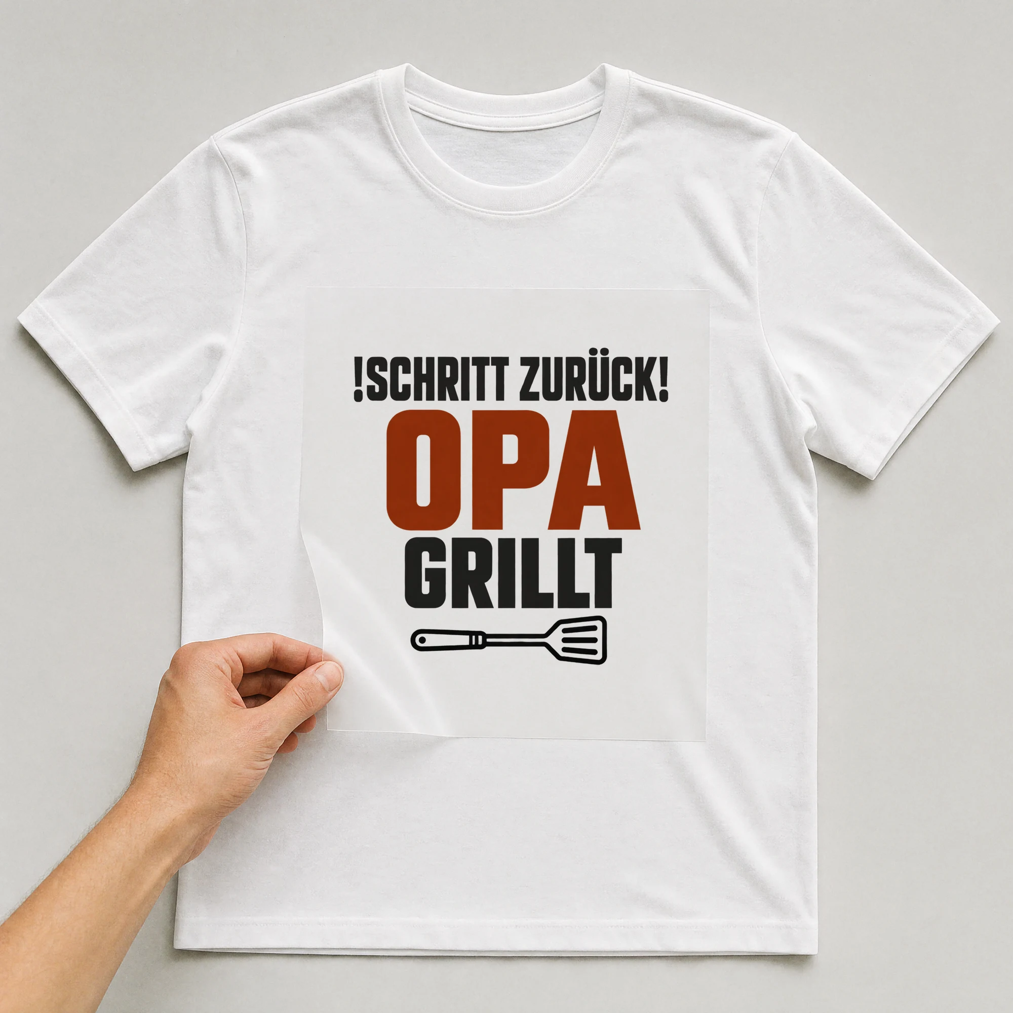 Bügelbild „!Schritt zurück! Opa grillt“ auf weißem T-Shirt, Folie wird aufgelegt